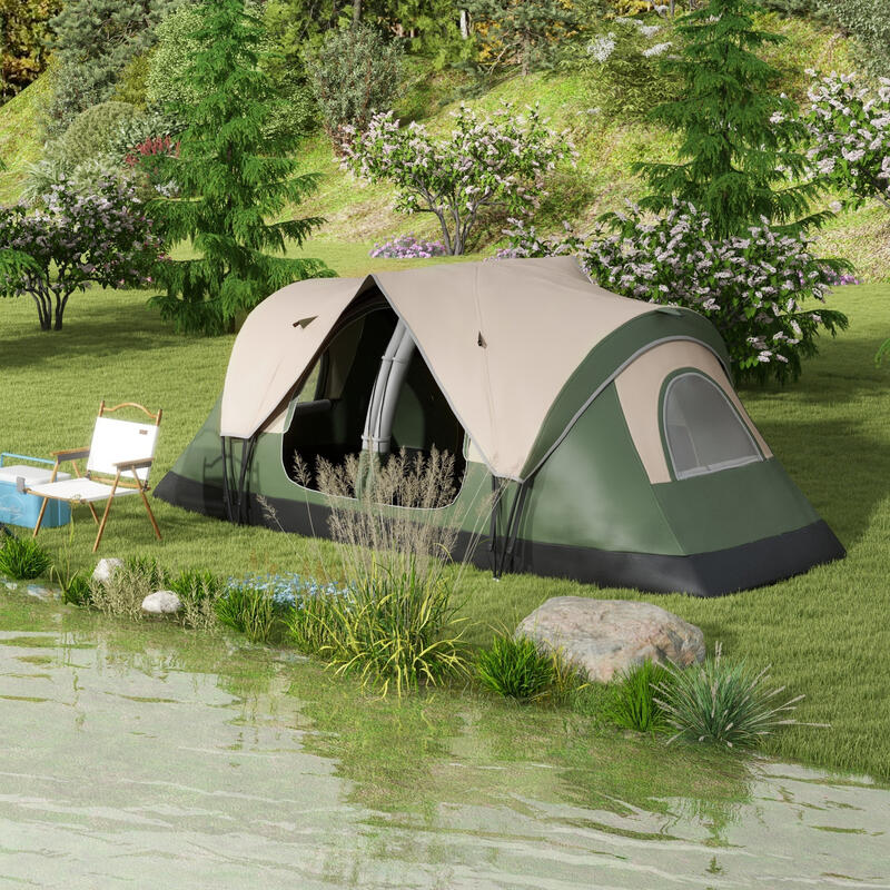 Outsunny Cort de camping 6-8 persoane, 2 camere, 450x215x180 cm, verde