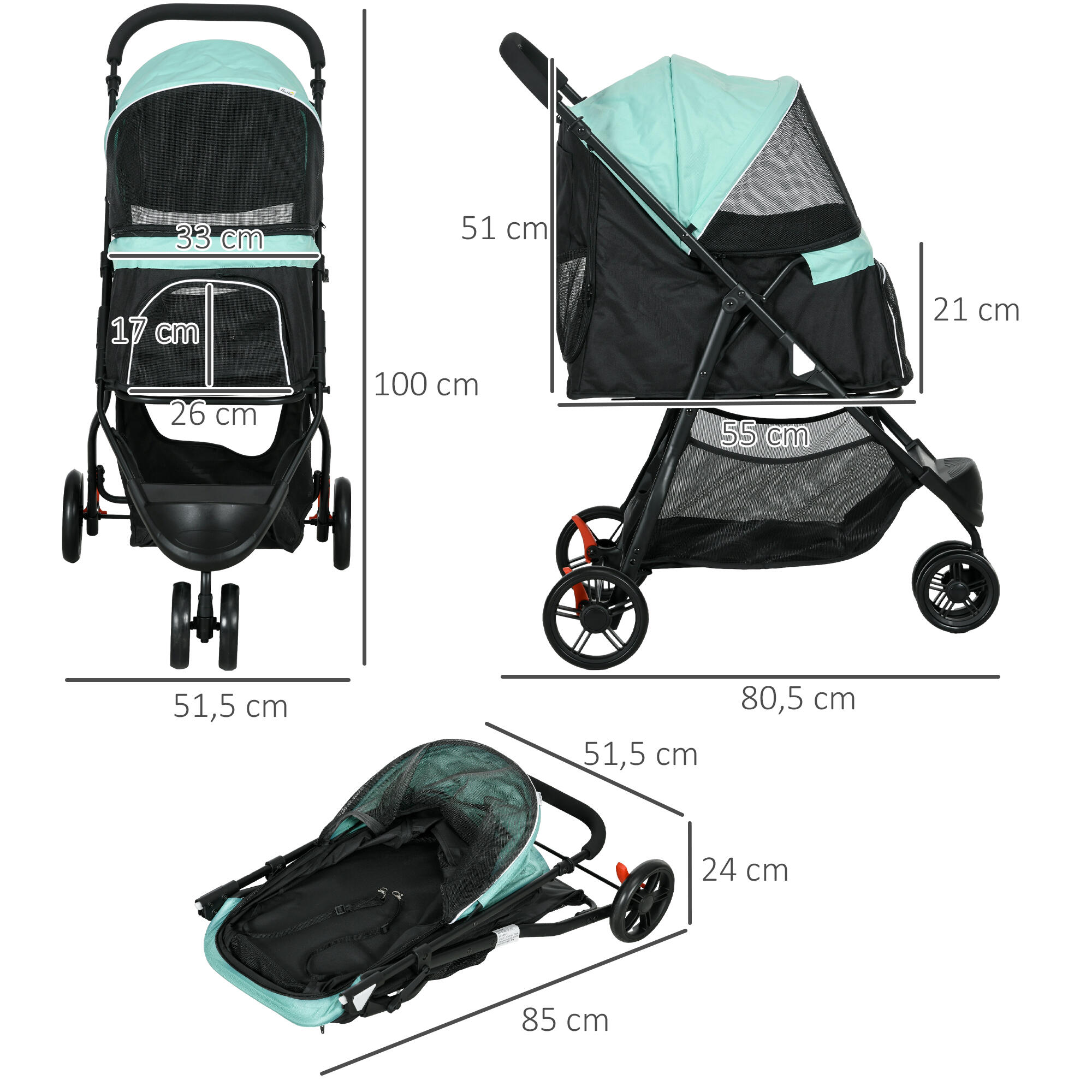 Carrinho de passeio para animais de estimação 80,5x51,5x100 cm verde PawHut 3/7
