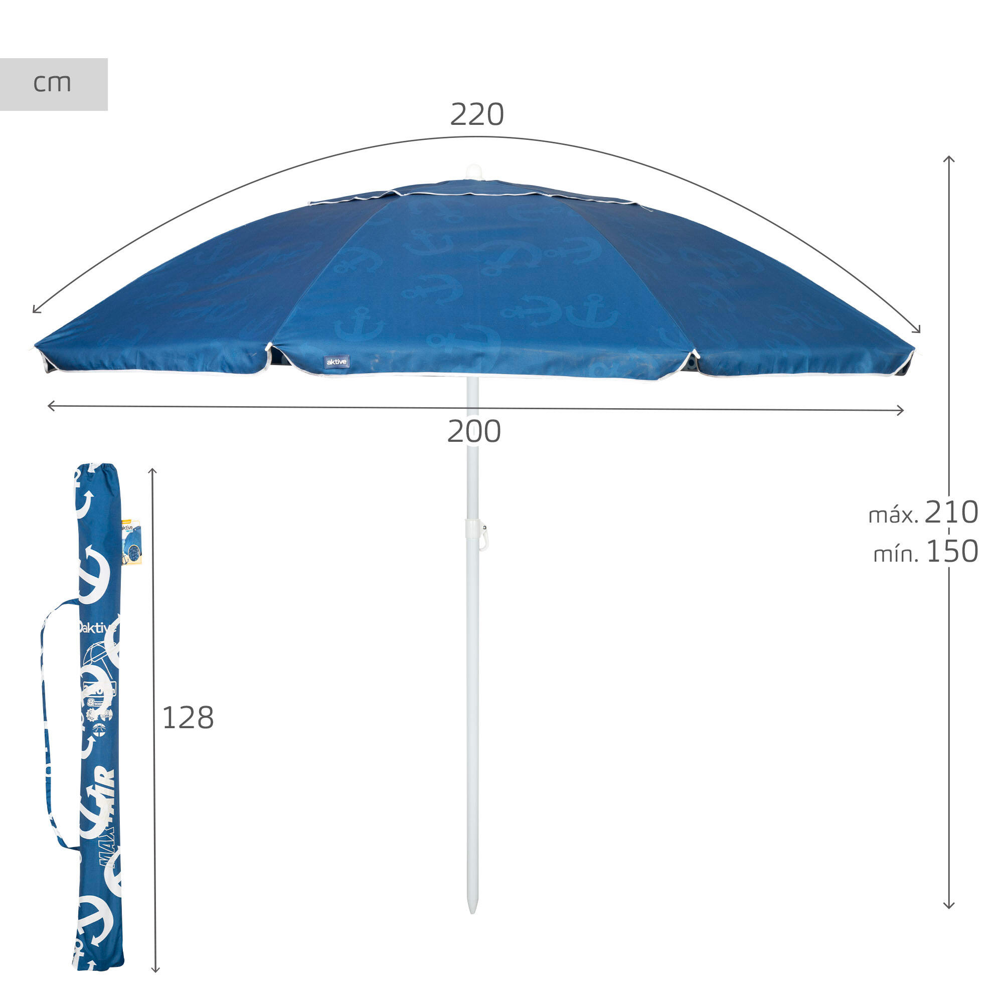Aktive Parapluie de plage coupe-vent 8 tiges 220 cm bleu avec impression d'ancre 4/7