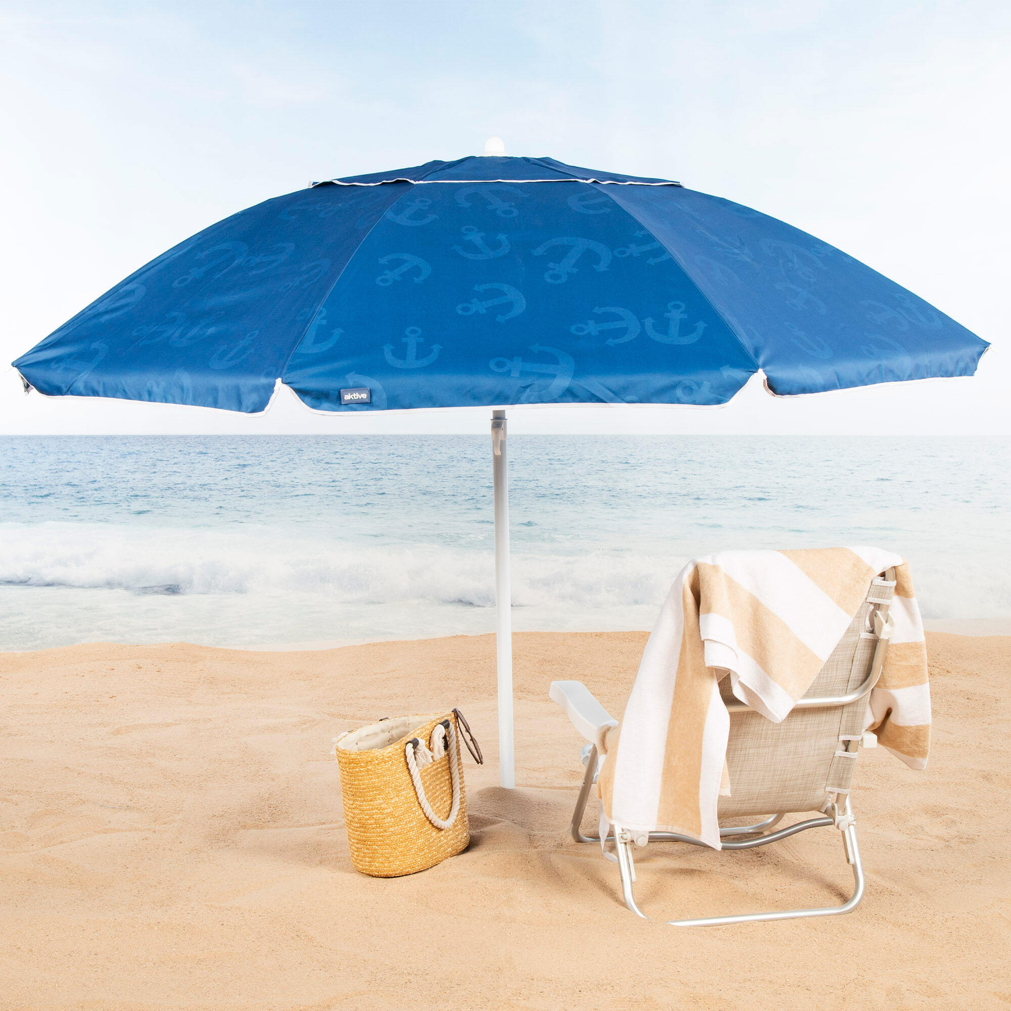 Aktive Parapluie de plage coupe-vent 8 tiges 220 cm bleu avec impression d'ancre 2/7