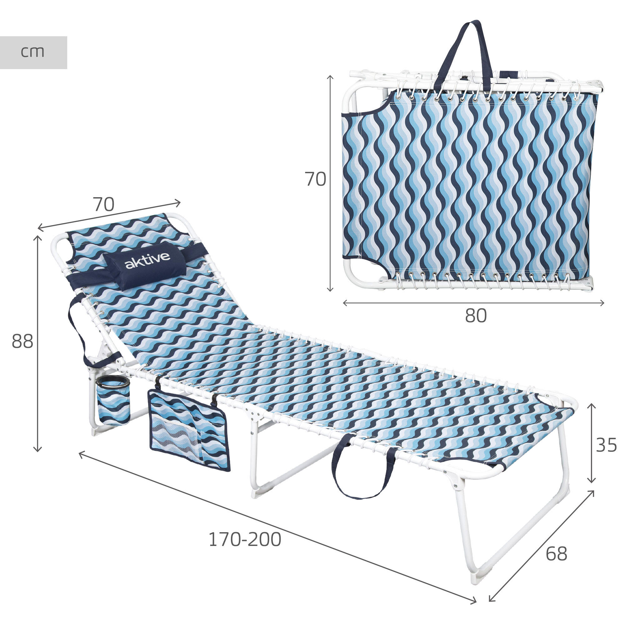 Aktive Lettino da spiaggia multiposizione 200x70x88 cm blu 4/7