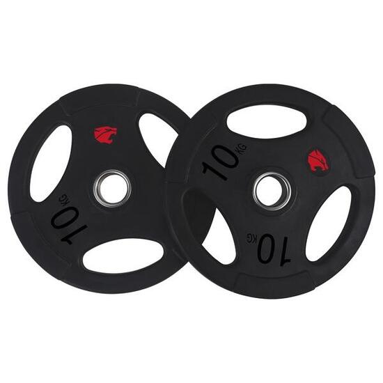 Disques de musculation 10 kg 3 poignées 50 mm Fitness Tech – Lot de 2 unités