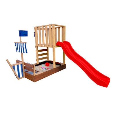 AXI Vicky Spielplatz aus Holz. gelbe Rutsche. Sandkasten. Spielküche