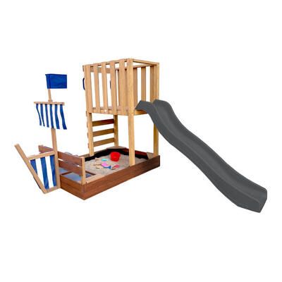 AXI Vicky Spielplatz aus Holz. gelbe Rutsche. Sandkasten. Spielküche
