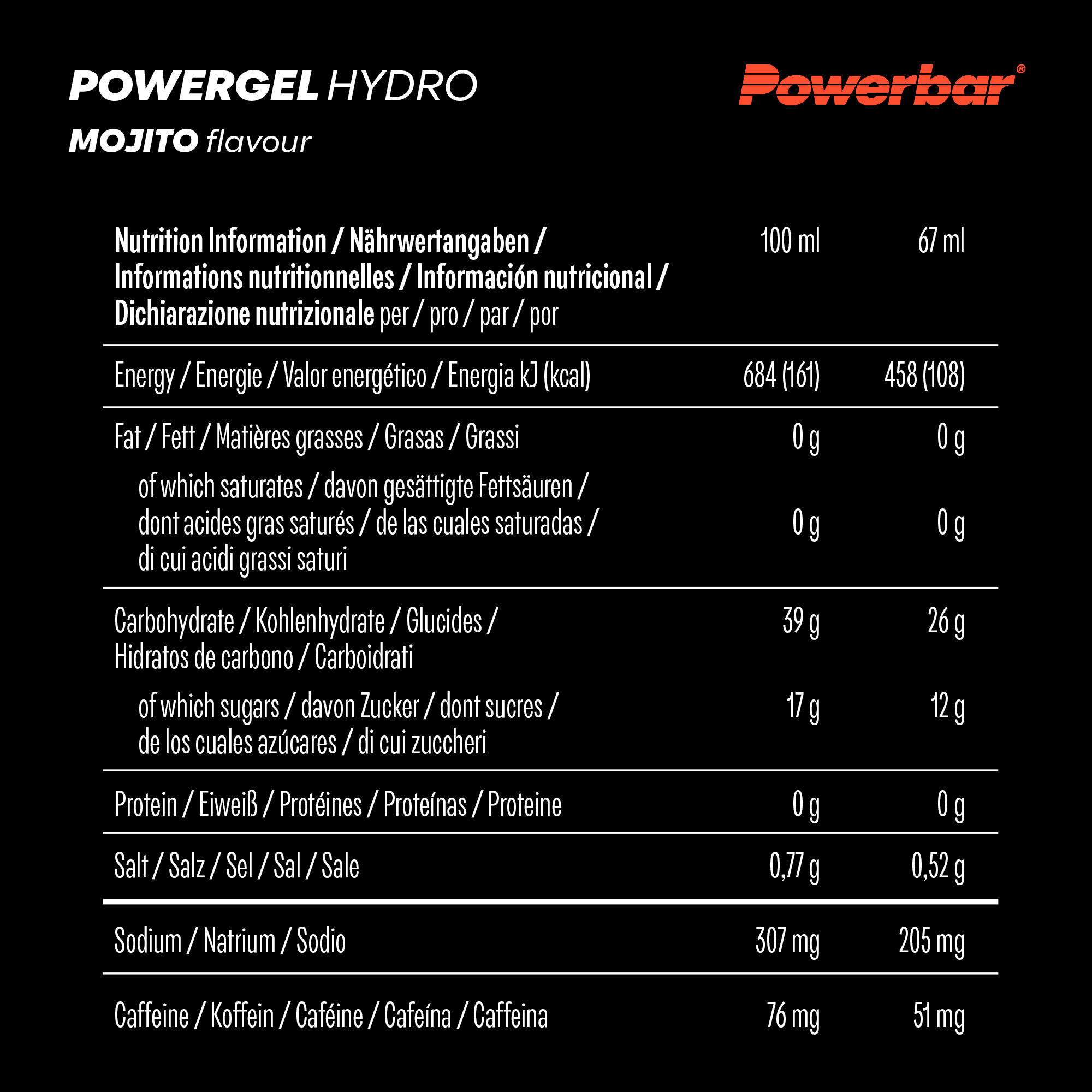 Gel PowerBar PowerGel Hydro 24x67ml Mojito Caffeine 6/6