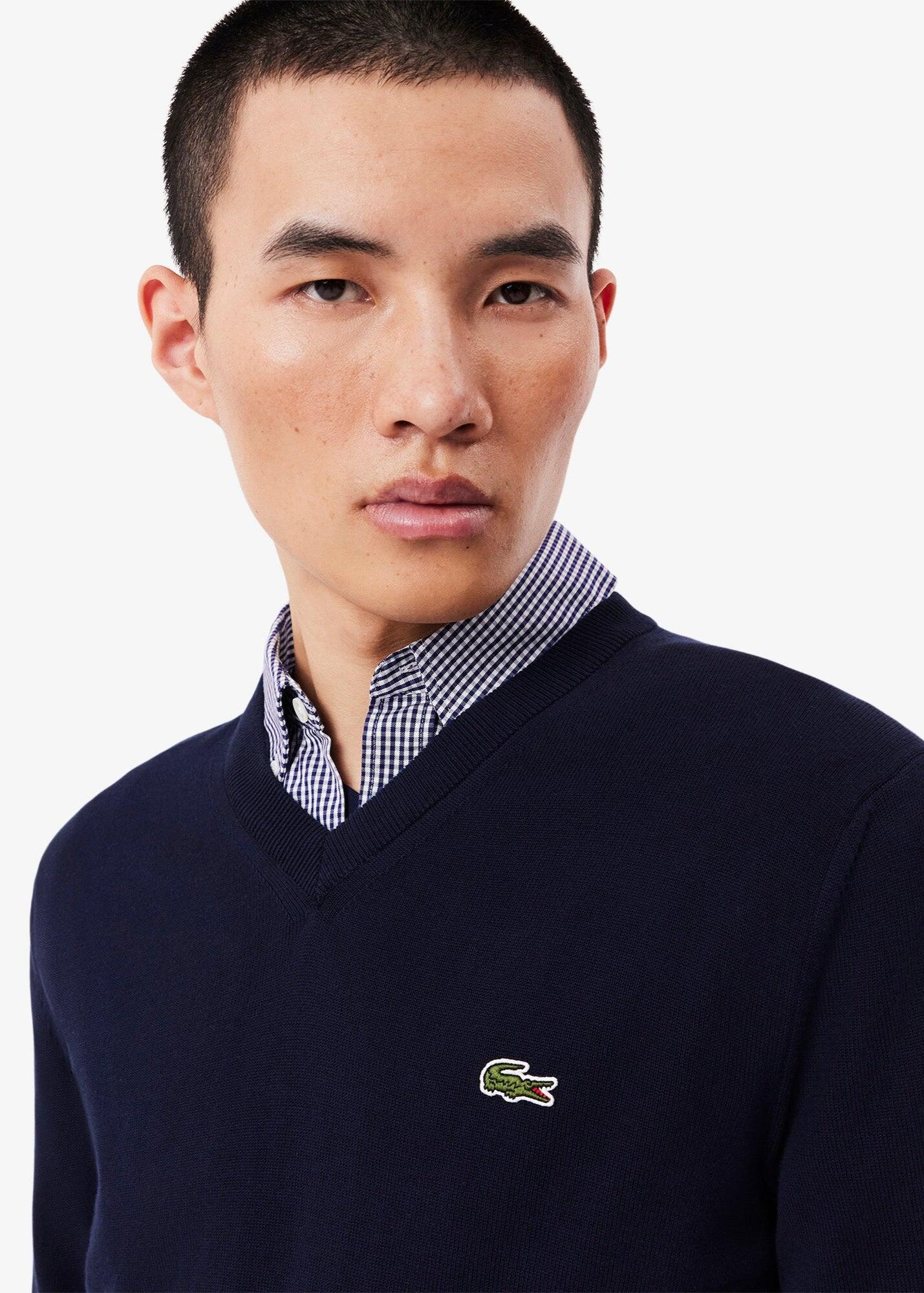 Pull en coton à col en V Lacoste, bleu foncé 3/7