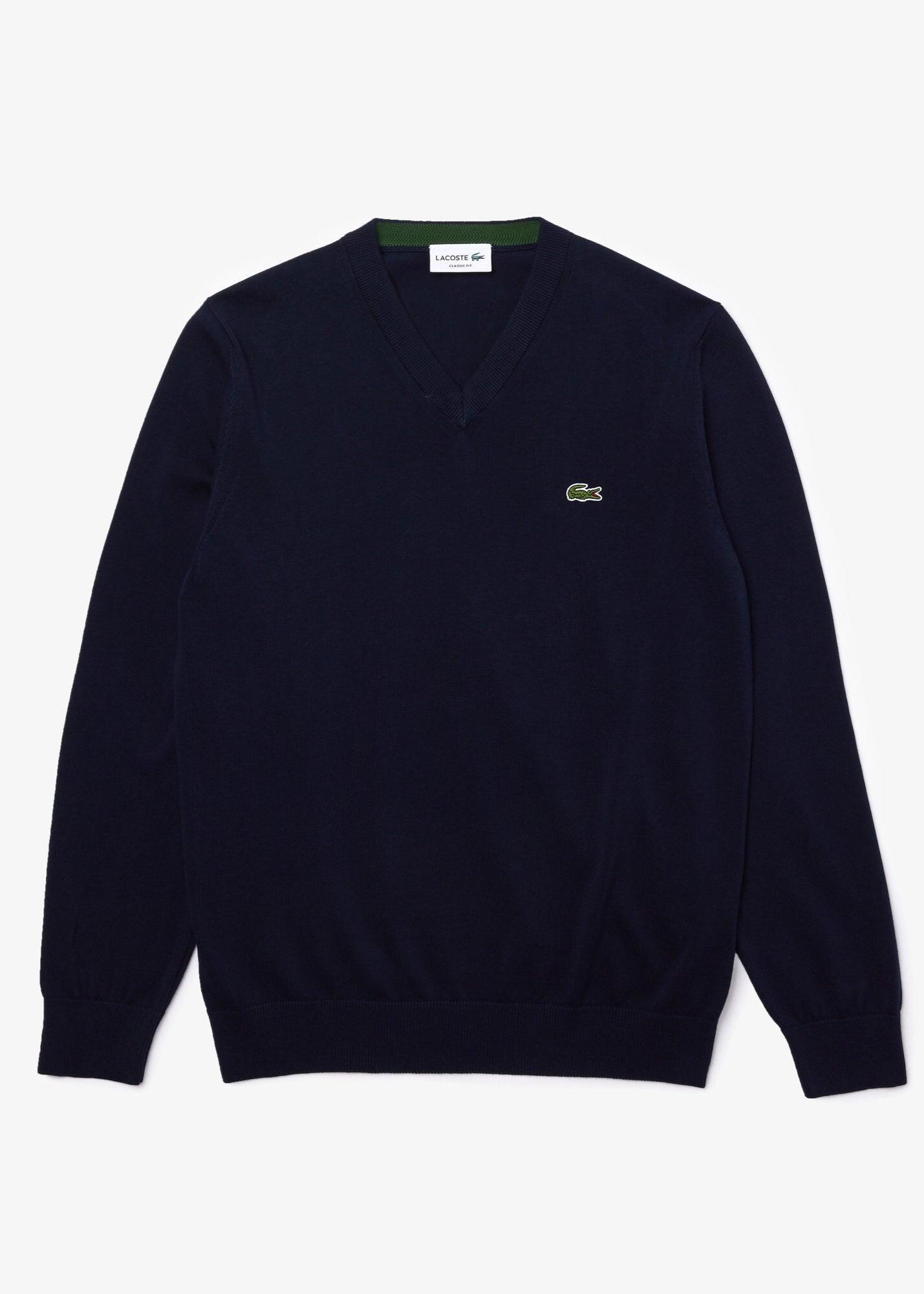 Pull en coton à col en V Lacoste, bleu foncé 7/7