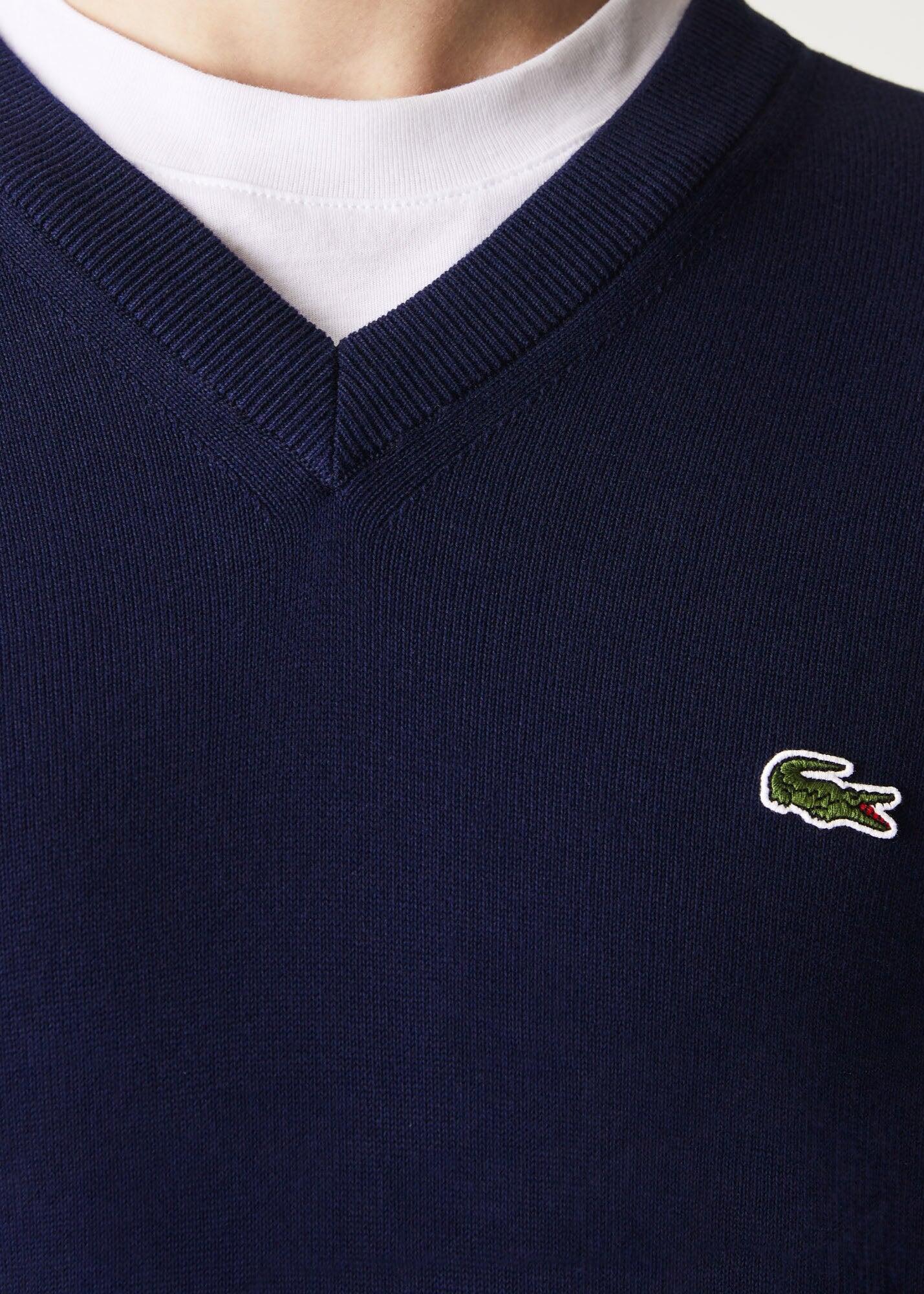 Pull en coton à col en V Lacoste, bleu foncé 5/7