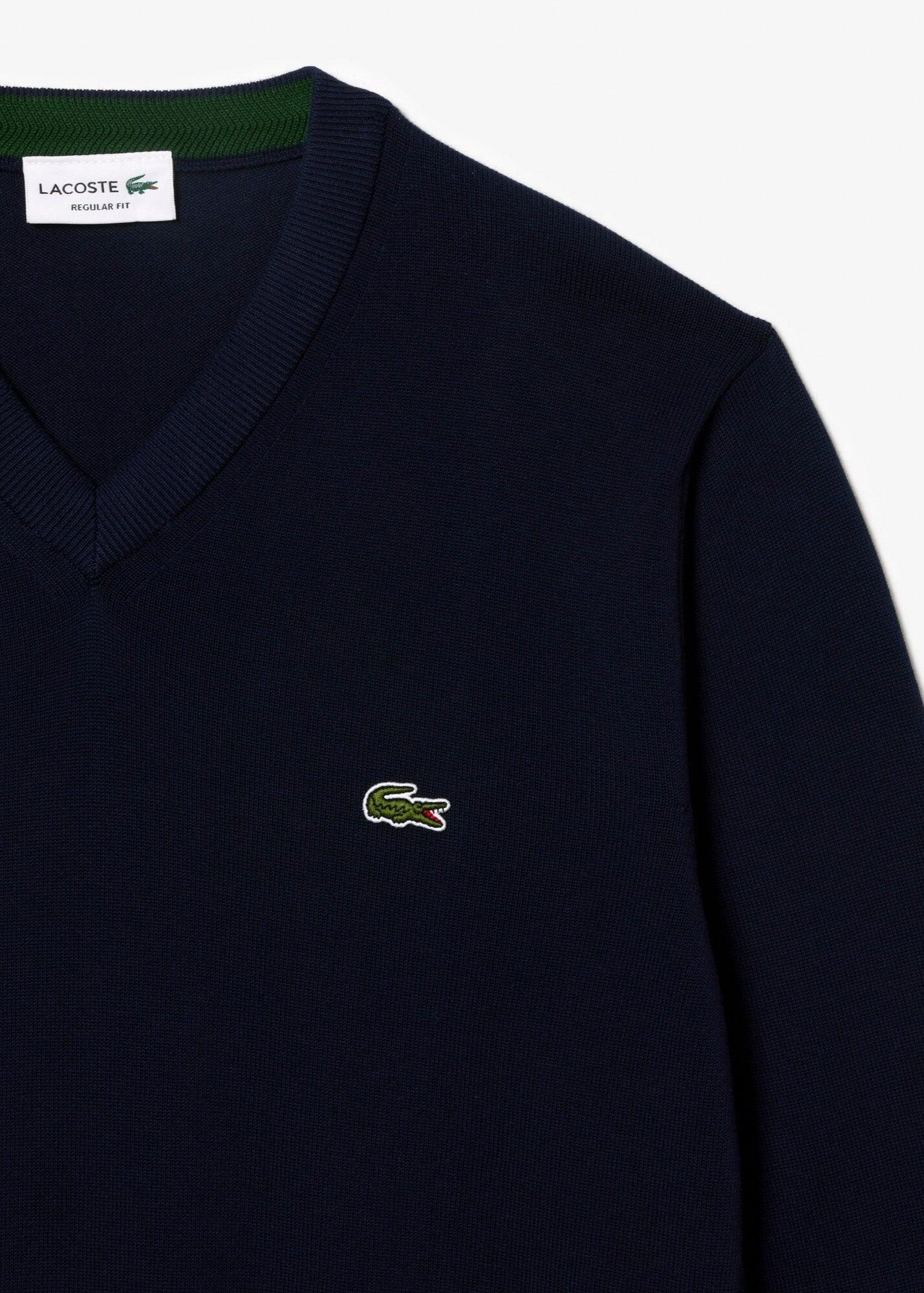 Pull en coton à col en V Lacoste, bleu foncé 6/7