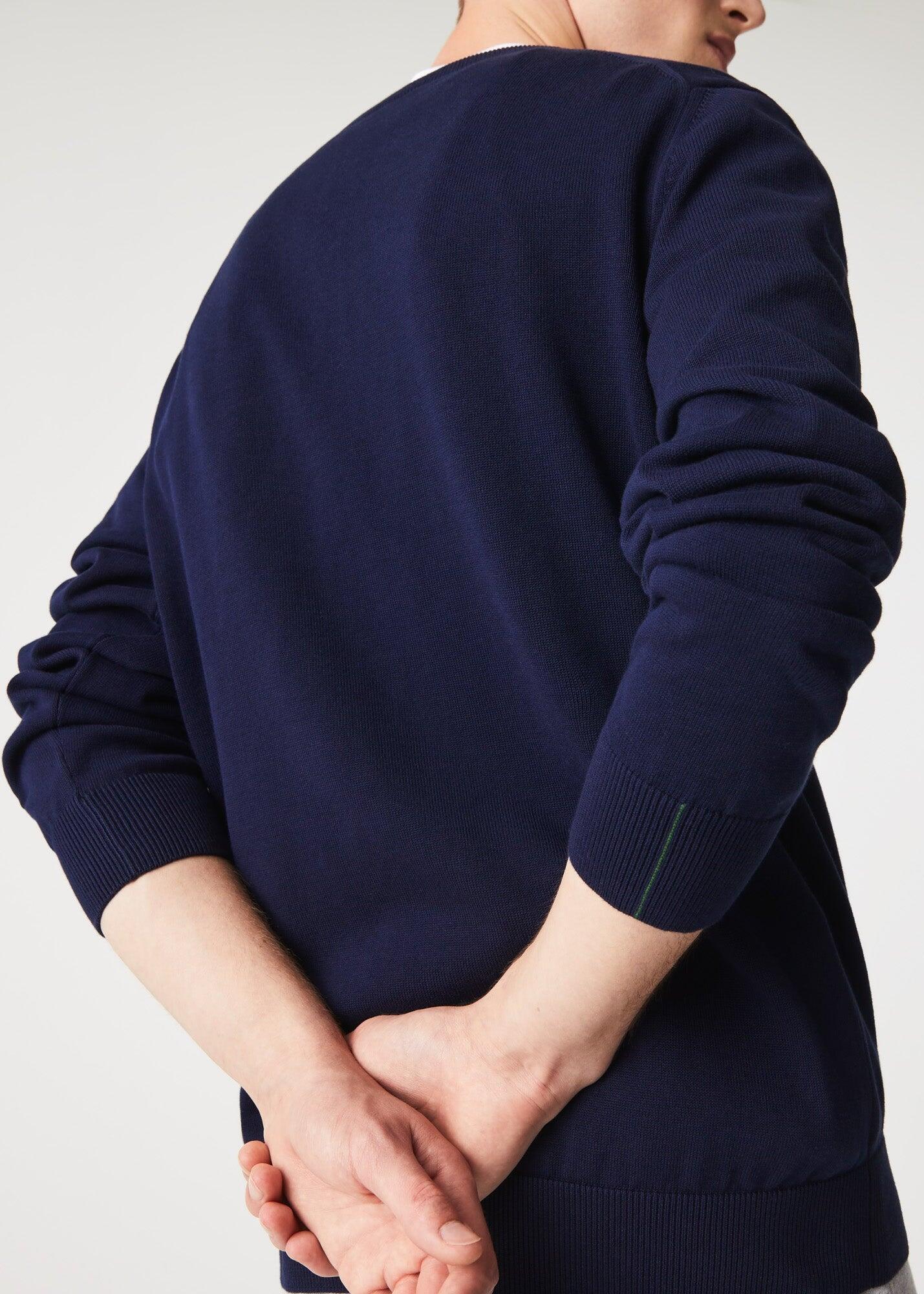 Pull en coton à col en V Lacoste, bleu foncé 4/7