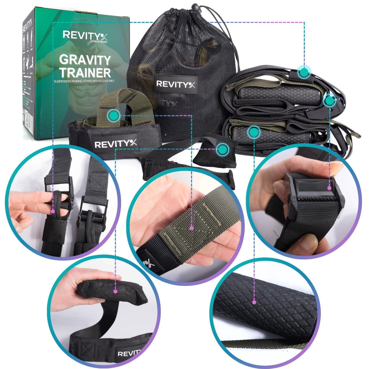 Correas - Bandas de Suspensión + bolsa & plan de ejercicios PDF, Gravity Trainer 2/7