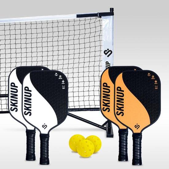 4 Raquettes Yin Yang Orages/weiß Pickleball, 3 Bälle und ein Netz