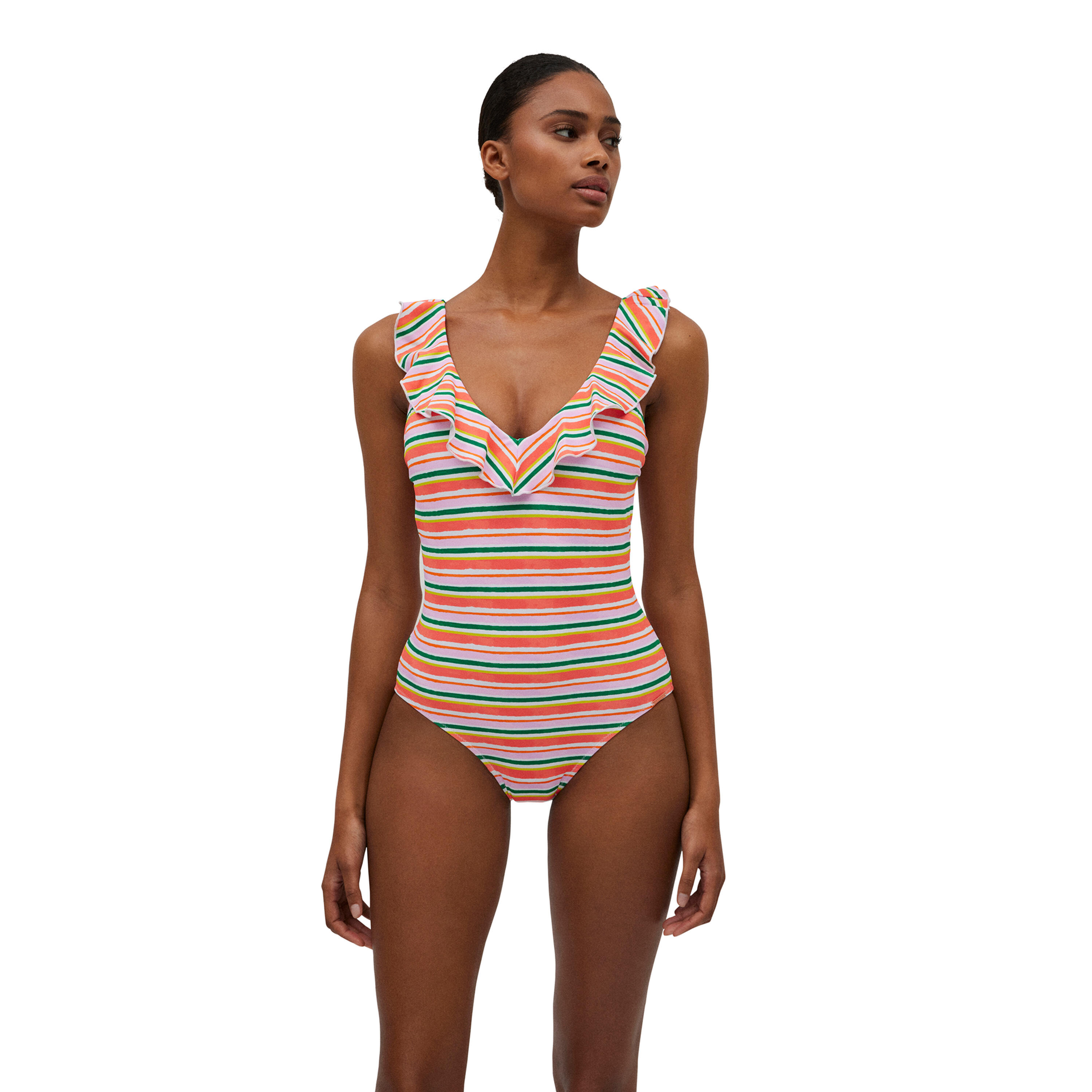 YSABEL MORA Bañador volantes estampado de rayas micropiqué