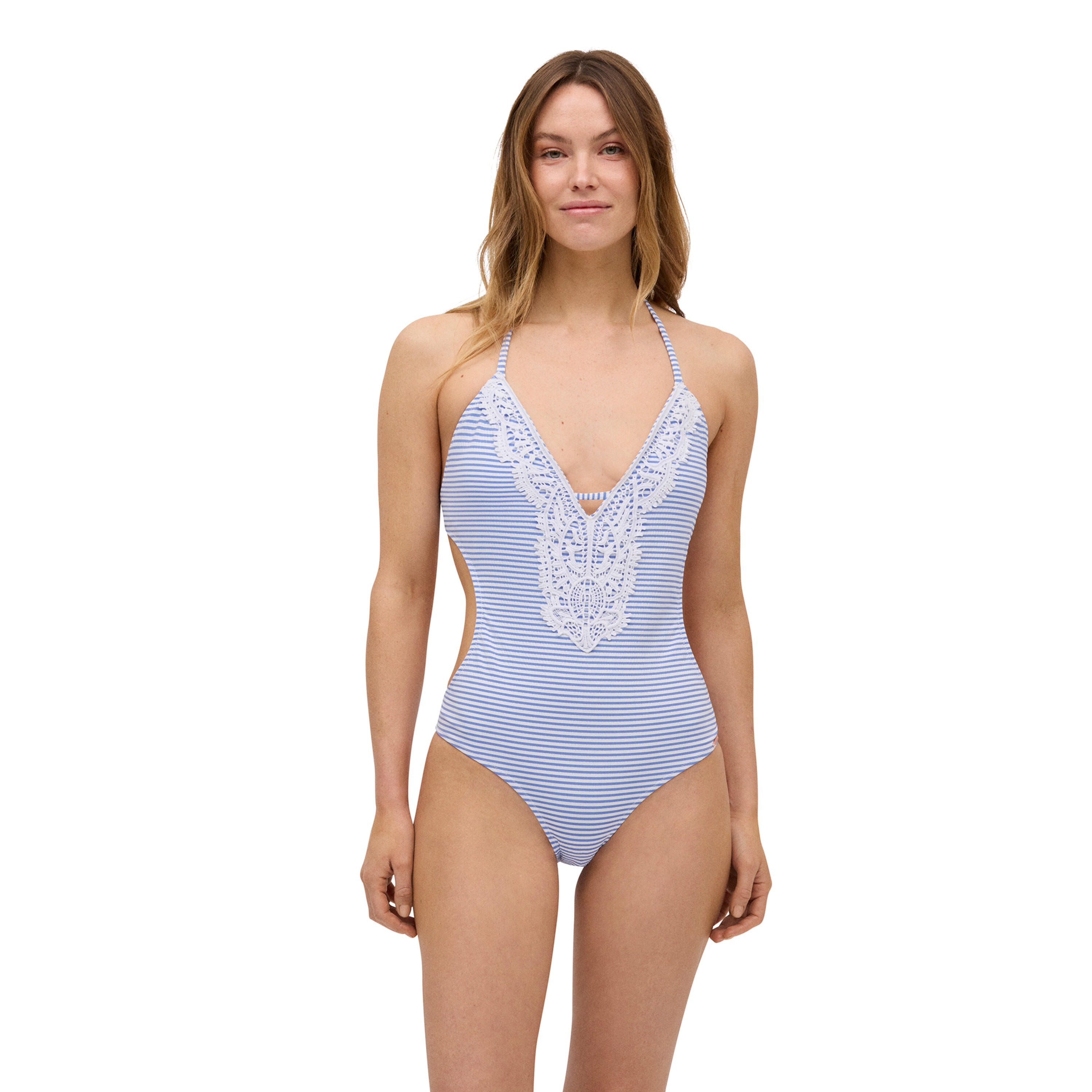 YSABEL MORA Bañador trikini rayas azules con textura detalle crochet