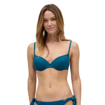 Top bikini micropiqué detalle drapeado azul copa B