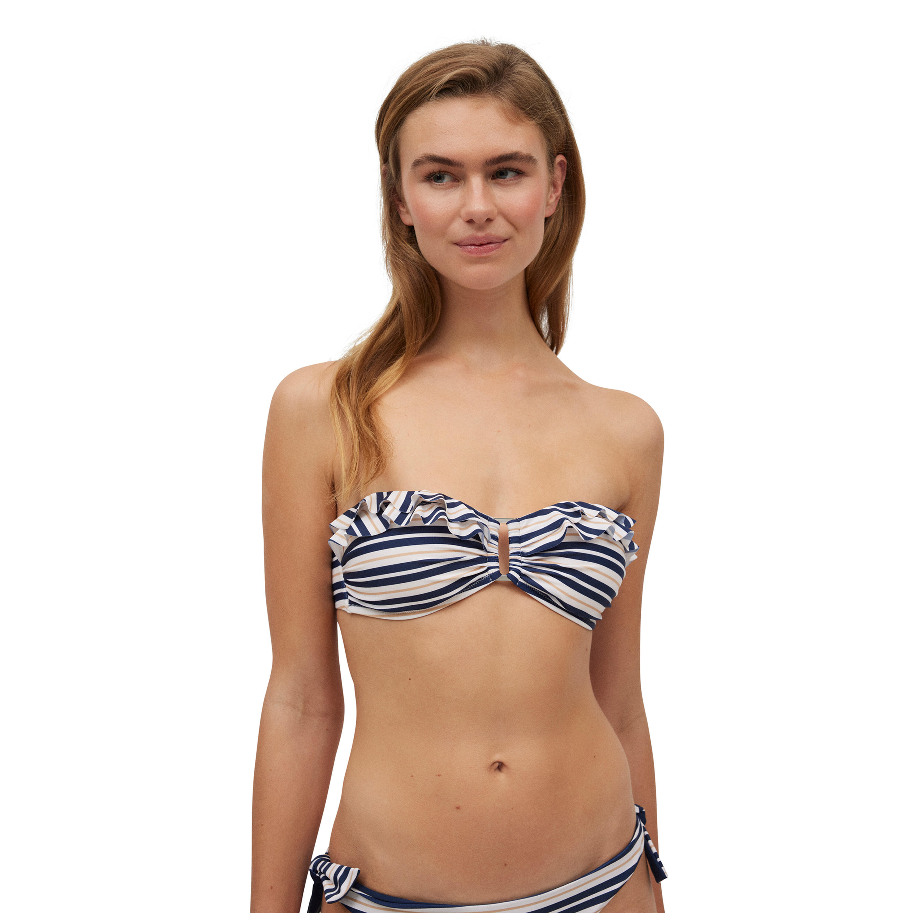YSABEL MORA Top de biquíni bandeau com babados listrado azul marinho