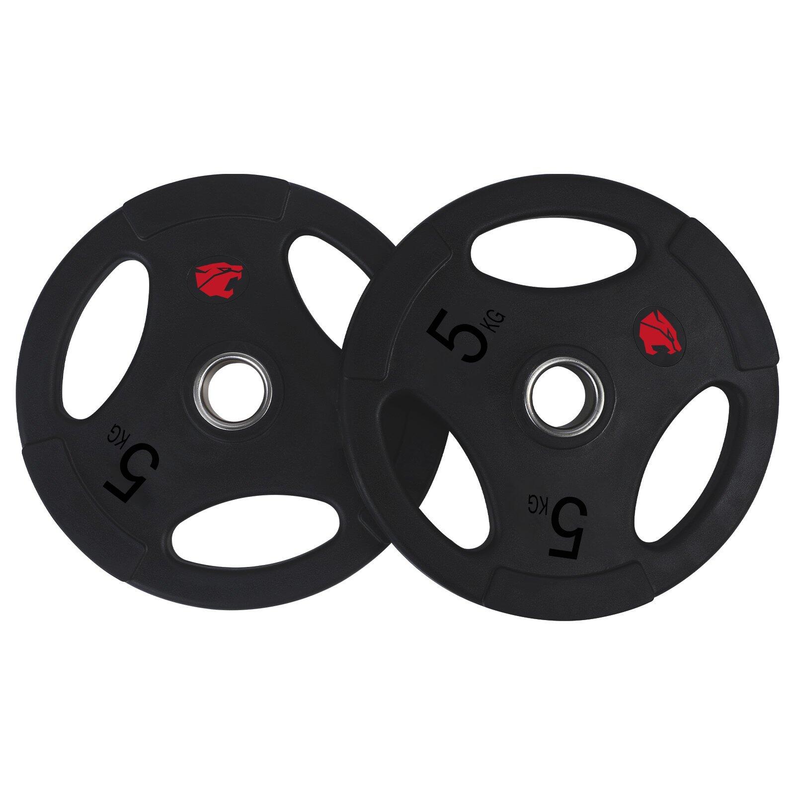 Fitness Tech - Disques De Musculation 5 Kg 3 Poignées 50 Mm Fitness Tech – Lot De 2 Unités - Disque Bumper Haltérophilie - Noir - Decathlon