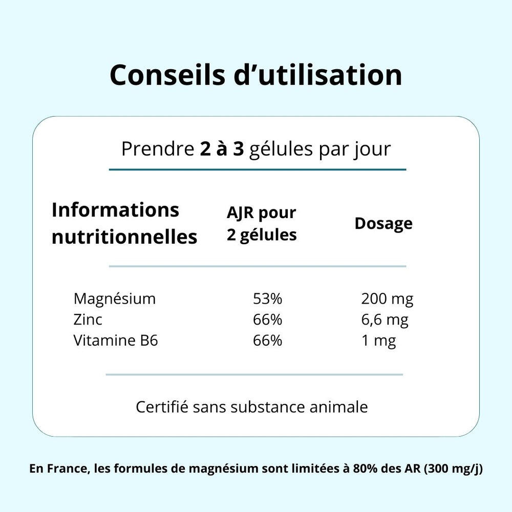 Magnésium Bisglycinate + Zinc et B6 - anti Fatigue et anti stress - 60 gélules 6/6