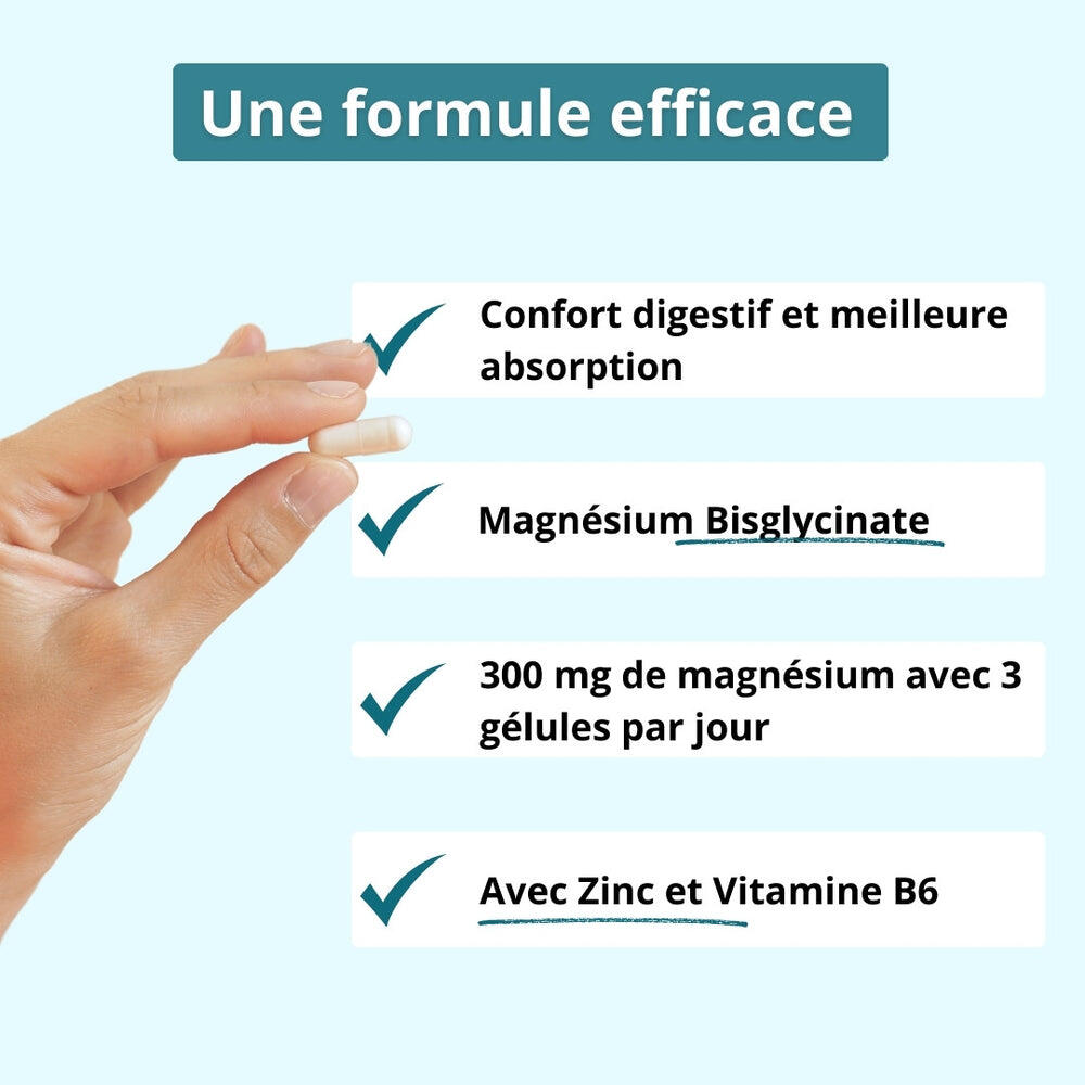 Magnésium Bisglycinate + Zinc et B6 - anti Fatigue et anti stress - 60 gélules 4/6
