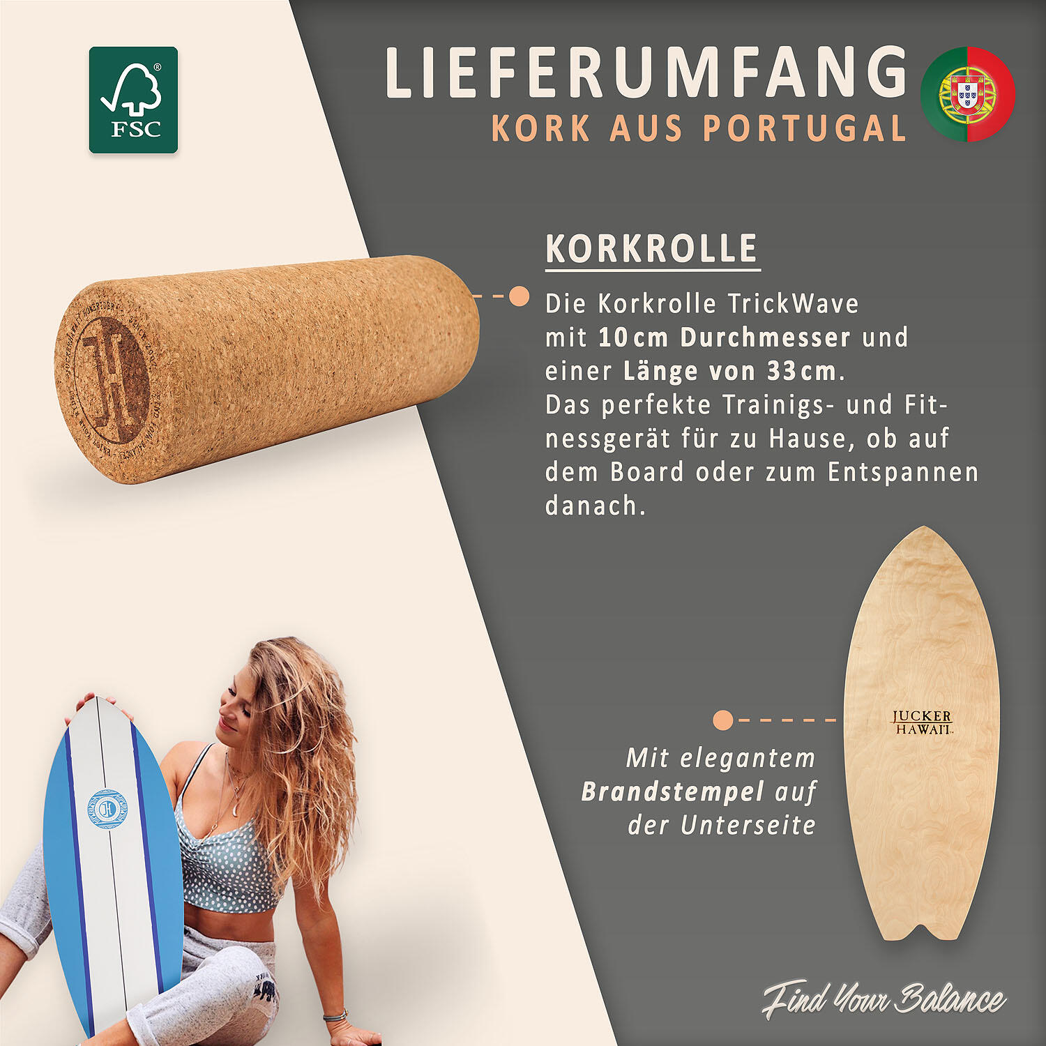 Balanceboard ALOHA | Set inkl. Korkrolle | Gleichgewichtstrainer 4/7