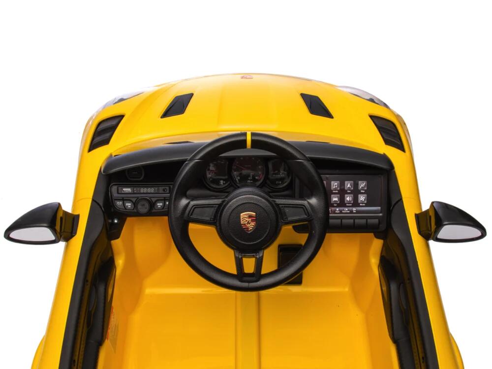 Porsche Spyder RS geel kinder accu auto - rubberen banden, leder zitje 7/7