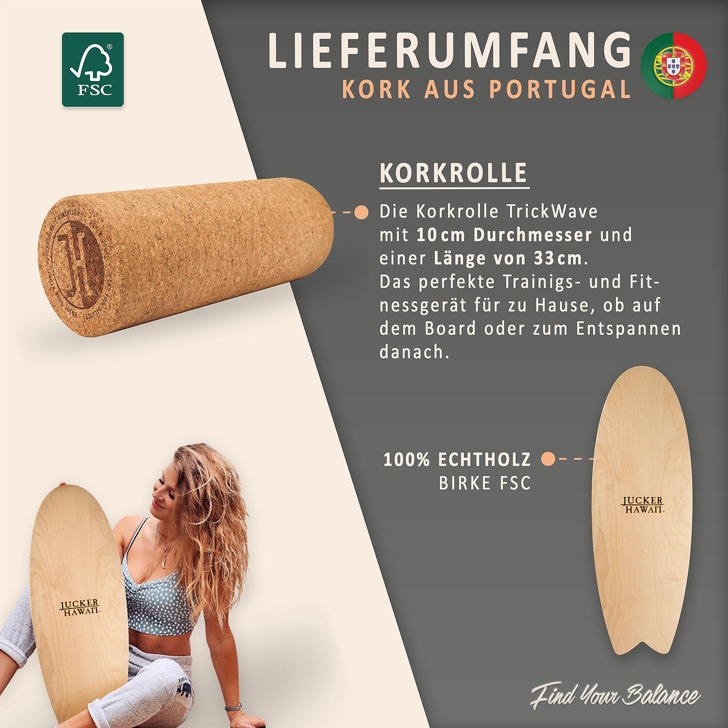 Balanceboard LOCAL WAVE | Set inkl. Korkrolle | Gleichgewichtstrainer 4/7