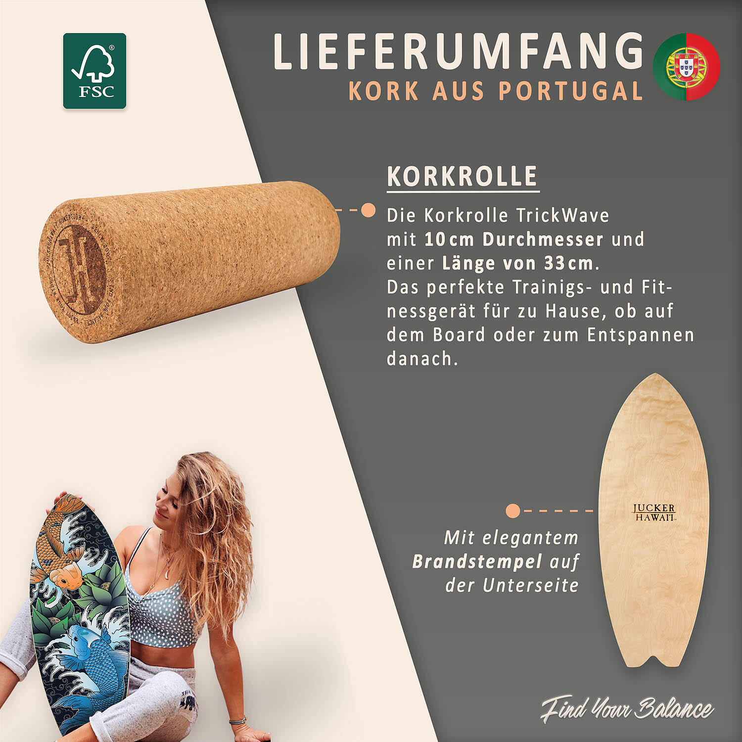 Balanceboard SKATE-AID | Set inkl. Korkrolle | Gleichgewichtstraining 4/7