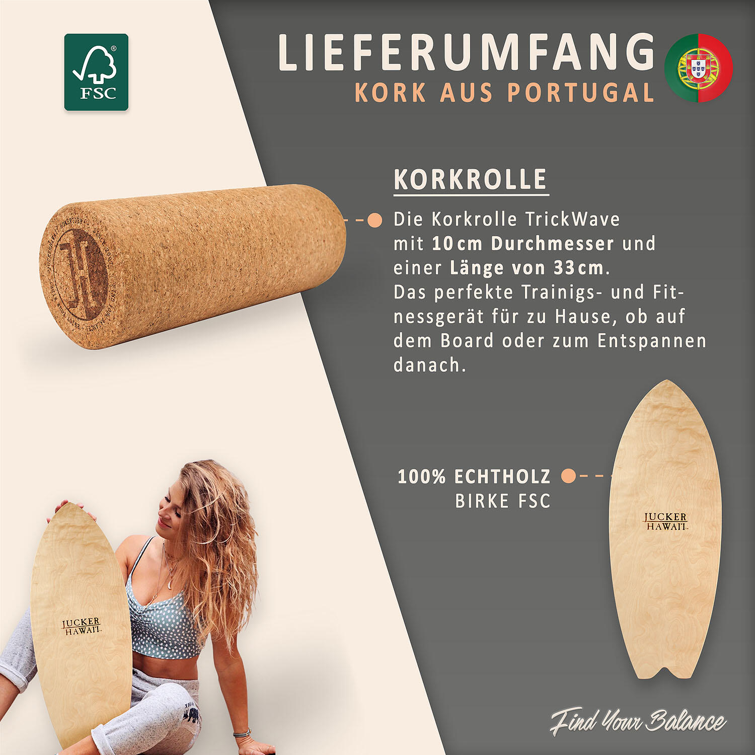 Balanceboard LOCAL OCEAN | Set inkl. Korkrolle | Gleichgewichtstraining 4/7