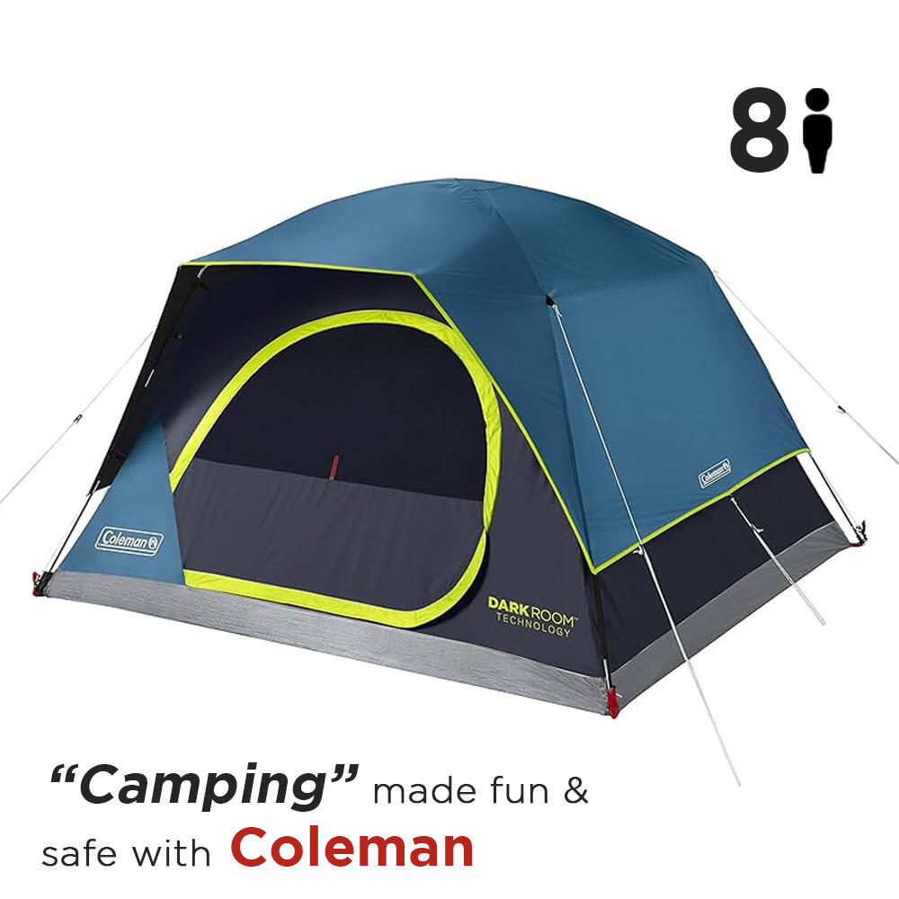8-Person Dark Room SkyDome Camping Tent with Fixed Pre-Attached Poles, More Headroom & Easy Setup, Blue