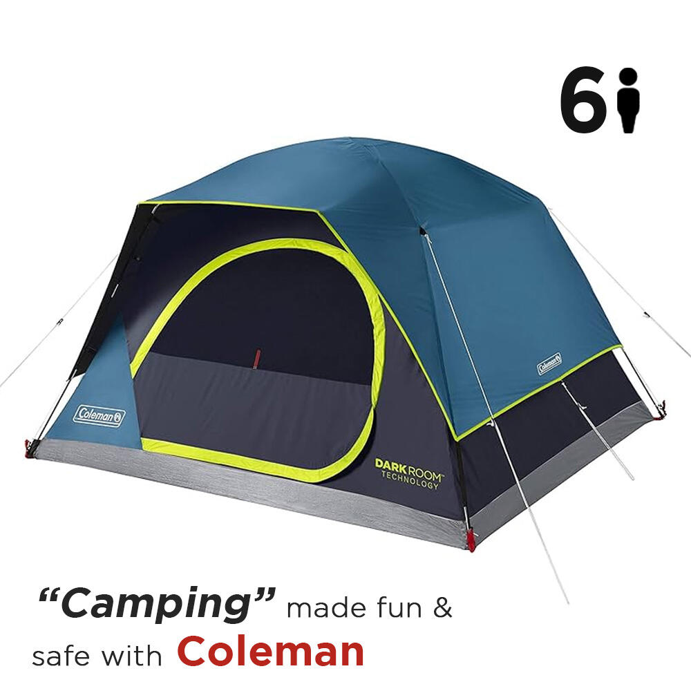 6-Person Dark Room SkyDome Camping Tent with Fixed Pre-Attached Poles, More Headroom & Easy Setup, Blue