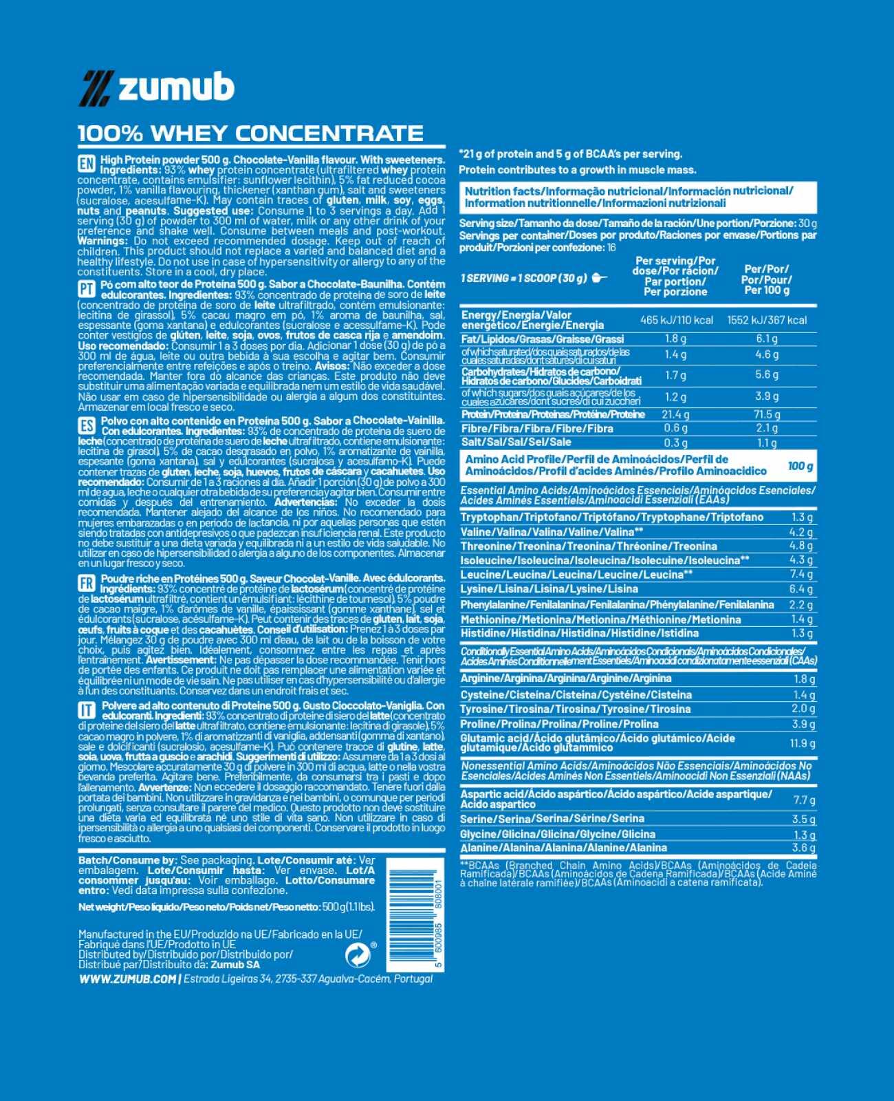 Zumub 100% Whey Concentrate 500 g - Chocolat-Vanille 2/2