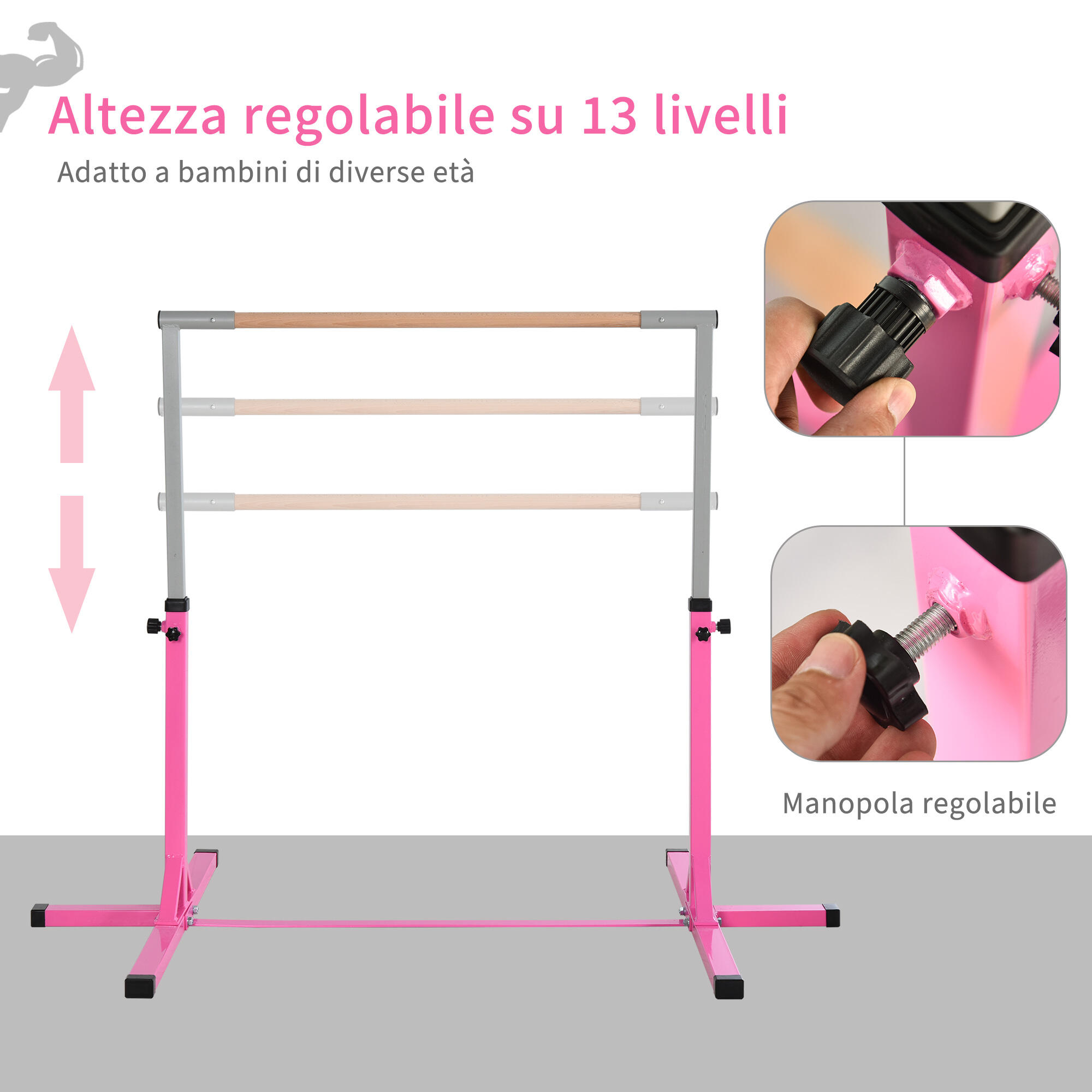 HOMCOM Sbarra Ginnastica o Danza Regolabile in Altezza (92-150 cm) per Bambini 4/6