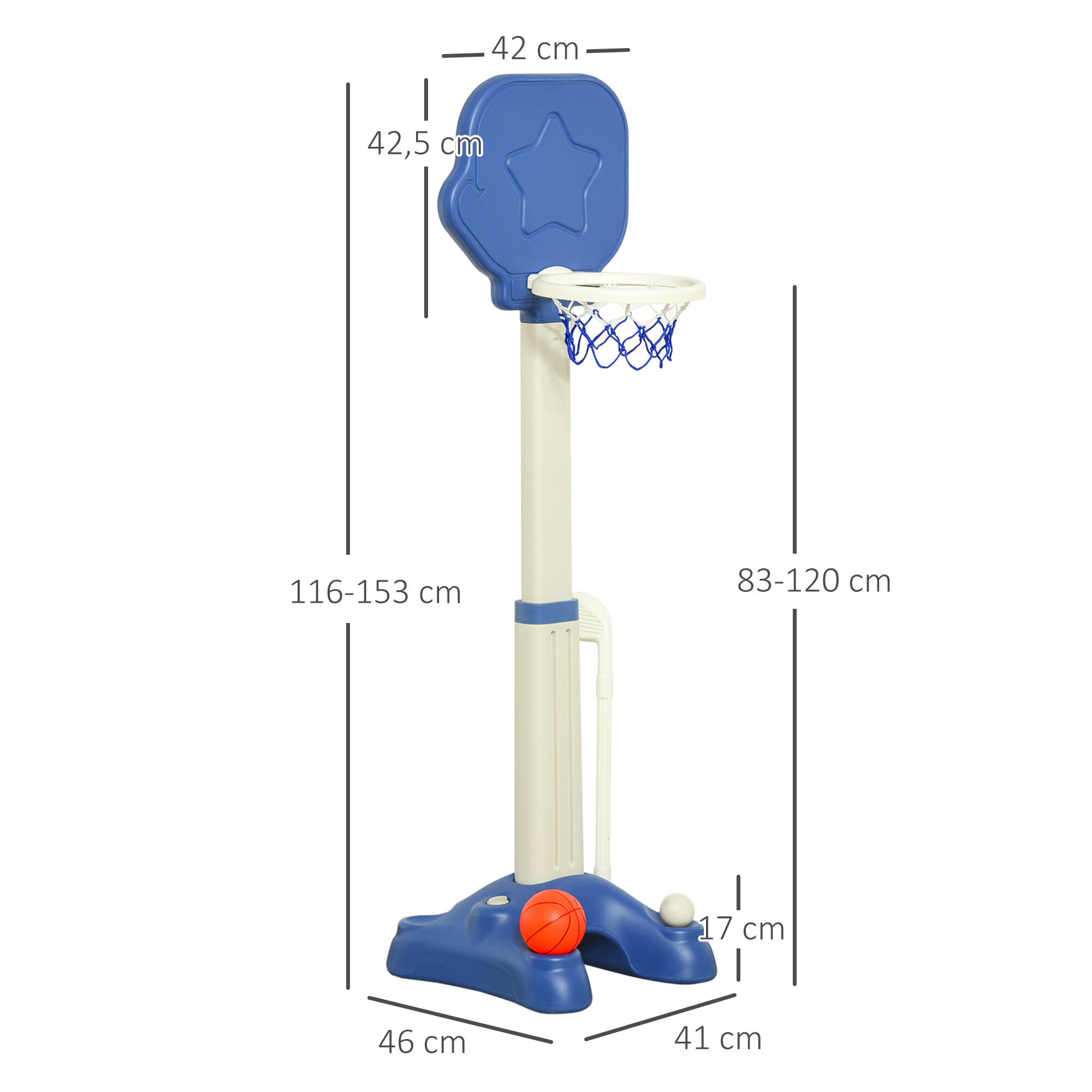 Tabela de Basquetebol 2 em 1 HOMCOM 46x41x153cm Azul e Branco 3/7