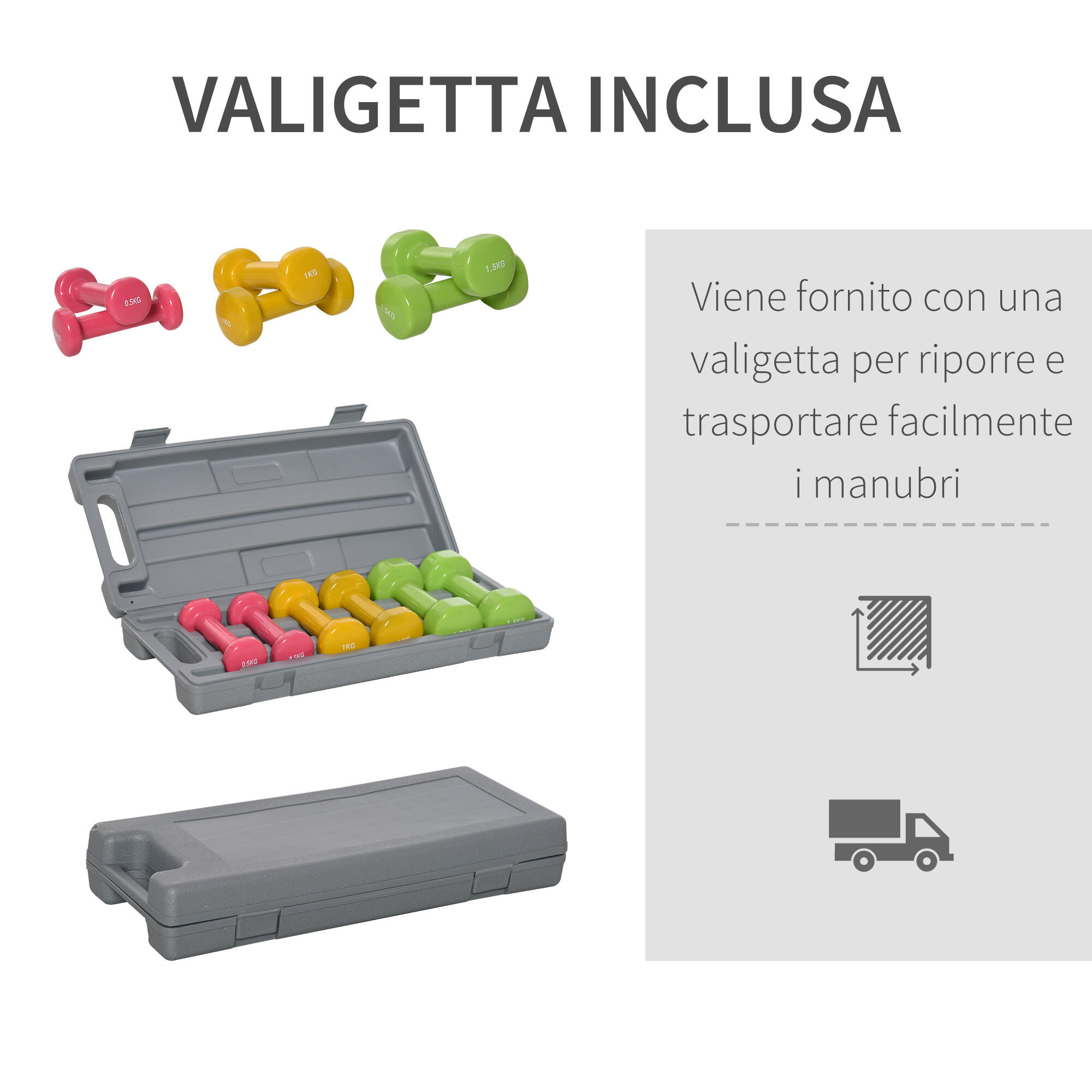 HOMCOM Set 6 Manubri Pesi con Valigetta da 0.5kg 1kg 1.5kg in Acciaio e PU 5/6