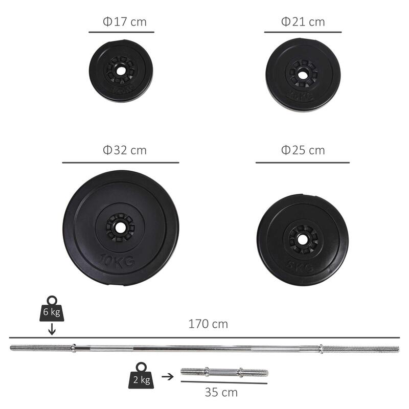 HomCom set haltere + 2 manere, 14 discuri, negre