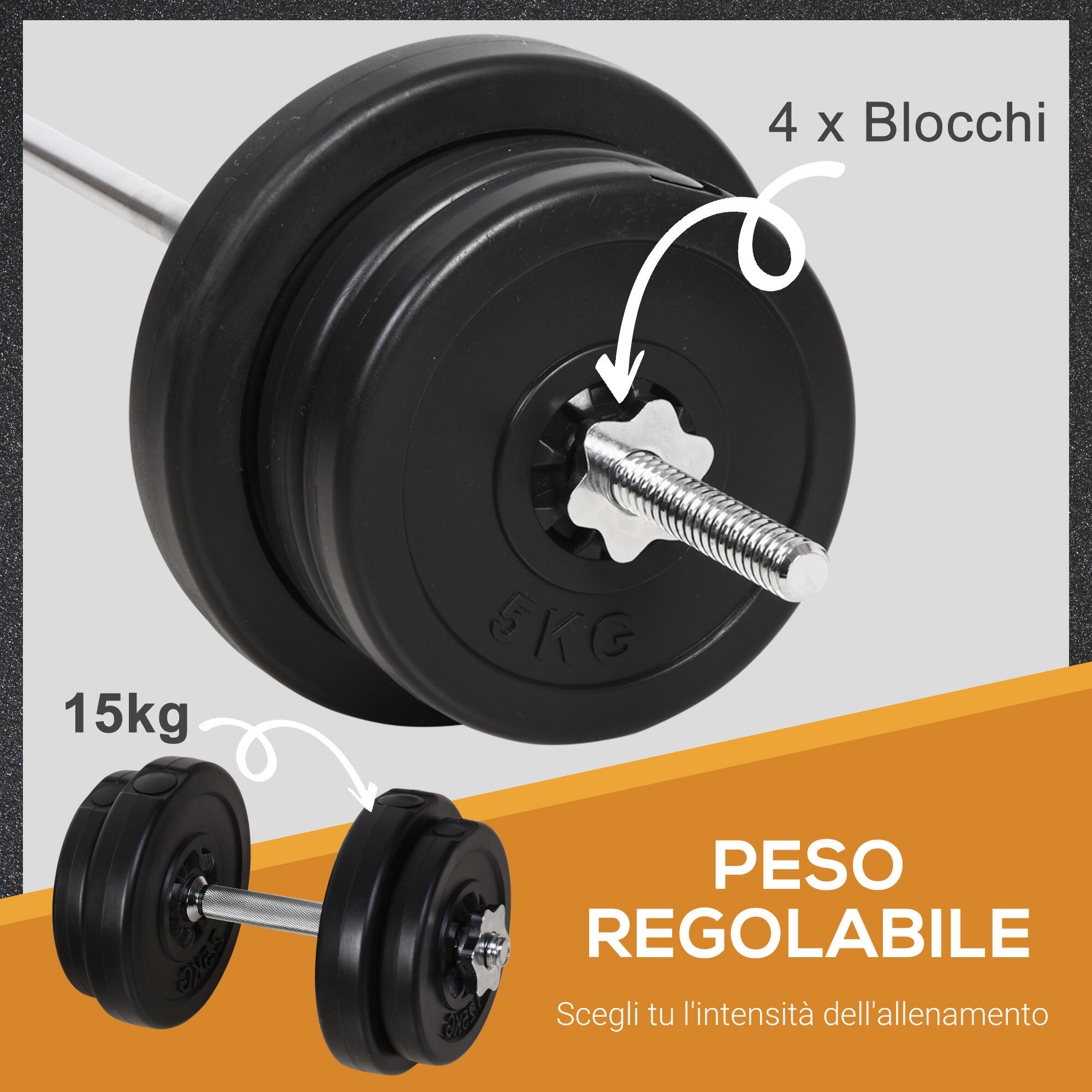 HOMCOM Set Bilanciere e 2 Manubri con Pesi 14 Dischi e 6 Viti di Chiusura 5/6