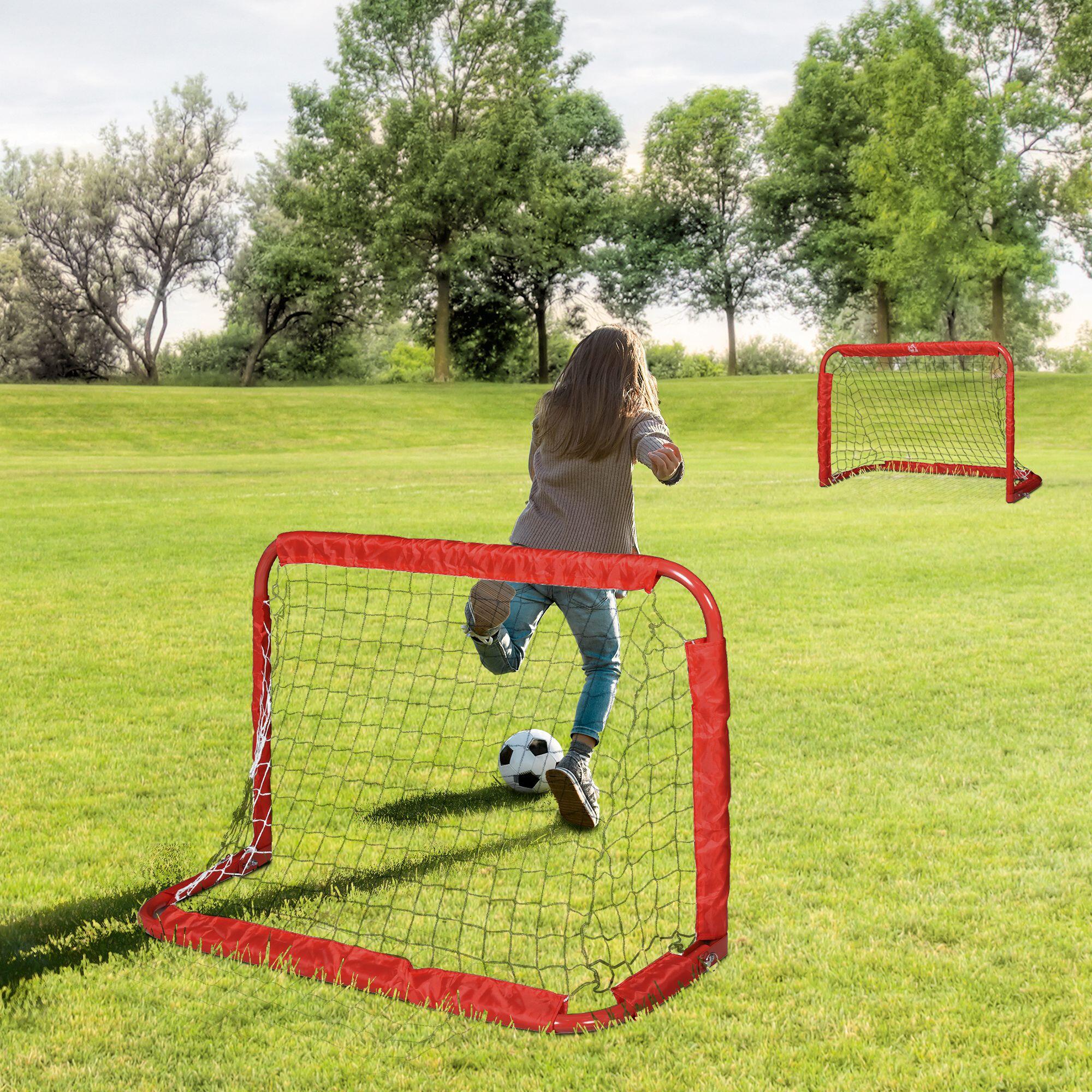 HOMCOM Set 2 Porte da Calcio Pieghevoli con 4 Picchetti in Metallo Rosso 2/7