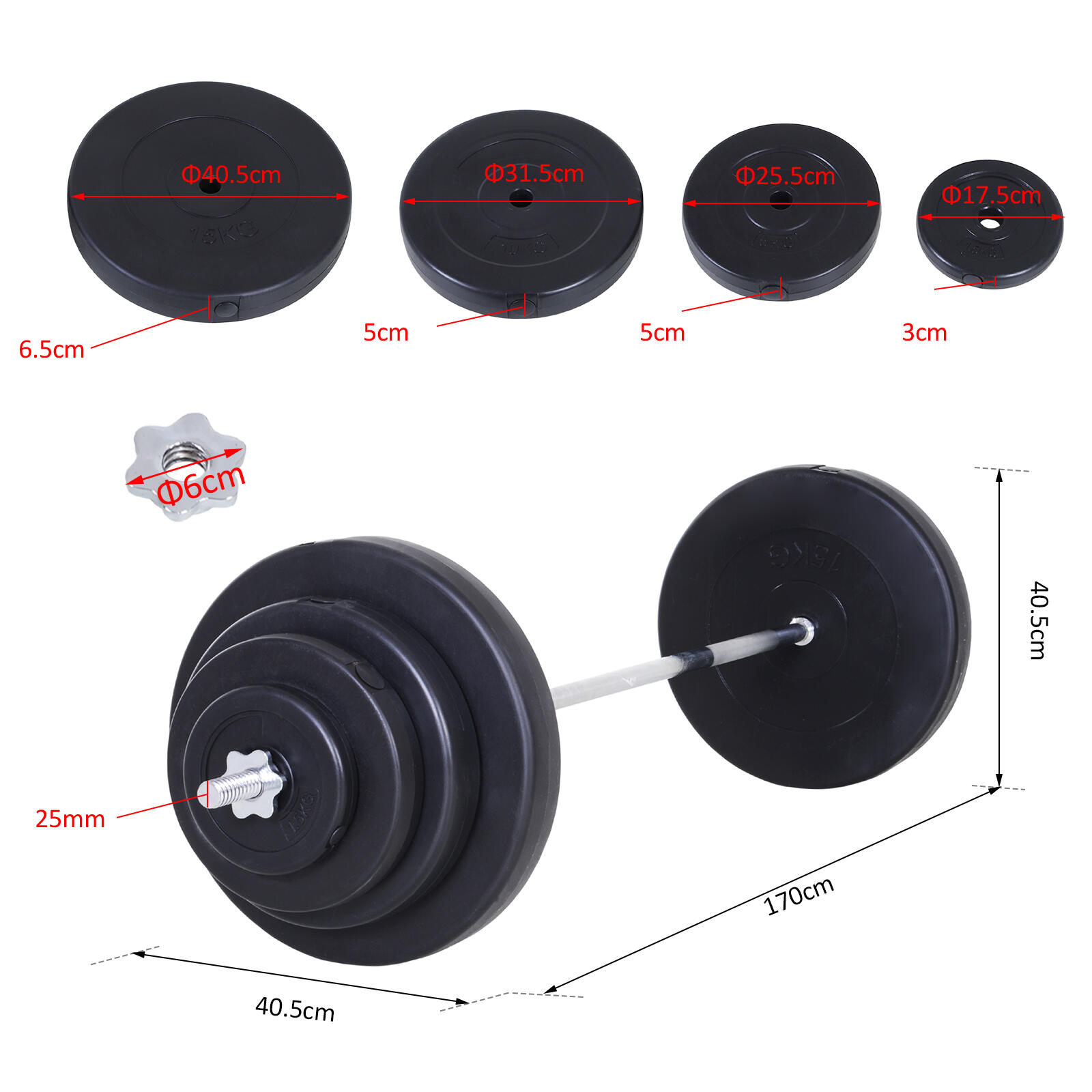 HOMCOM Set Bilanciere 170cm in Ferro Zigrinato con 8 Dischi Peso Regolabile 70kg 3/8