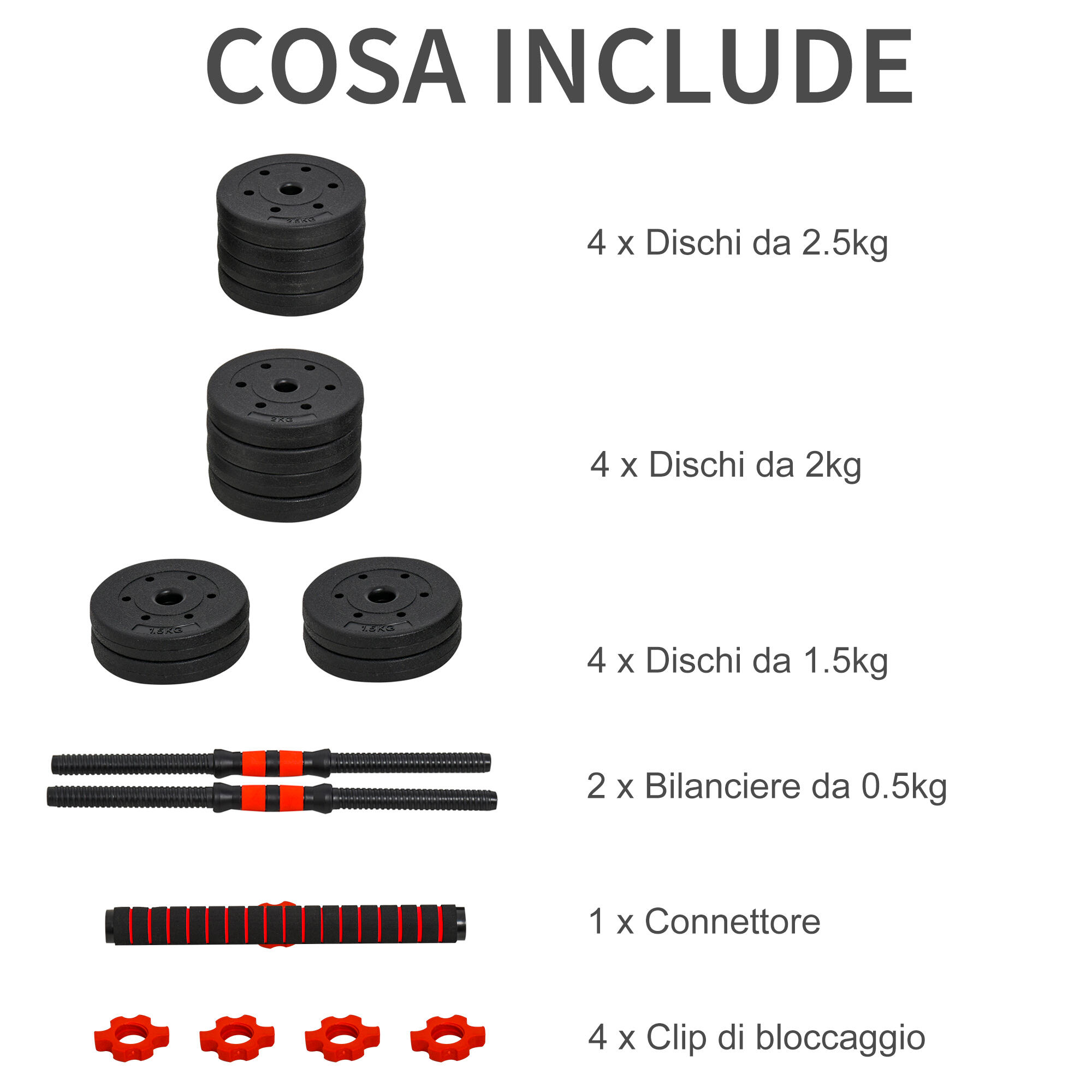 HOMCOM Set 2 Manubri Convertibili in Bilanciere, 25kg Totali con 12 Dischi Pesi 5/6