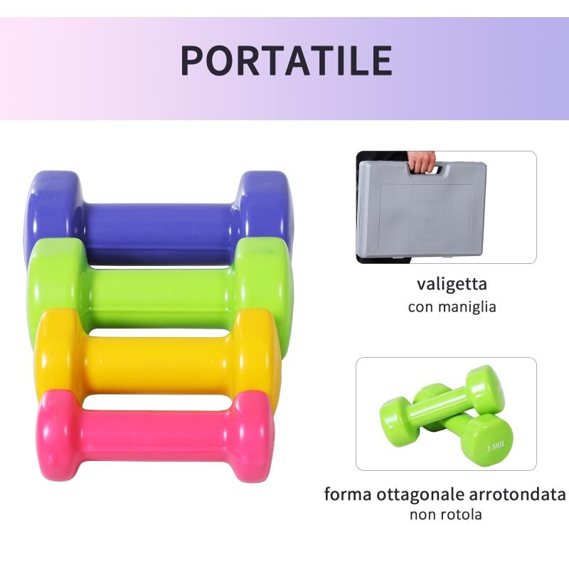 HOMCOM Set di Manubri da 10kg Totale con Valigetta Divisi in 0.5kg/1kg/1.5kg/2kg 4/6