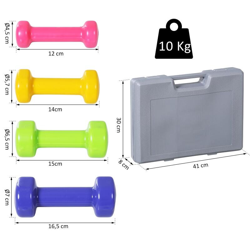 HOMCOM Set di Manubri da 10kg Totale con Valigetta Divisi in 0.5kg/1kg/1.5kg/2kg 3/6