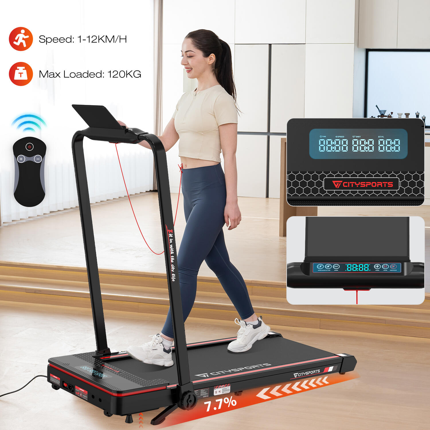 Cinta de Correr Plegable e Inclinable al 7,7%,1400W,WP3,1-12km/h.App.Bluetooth 6/7