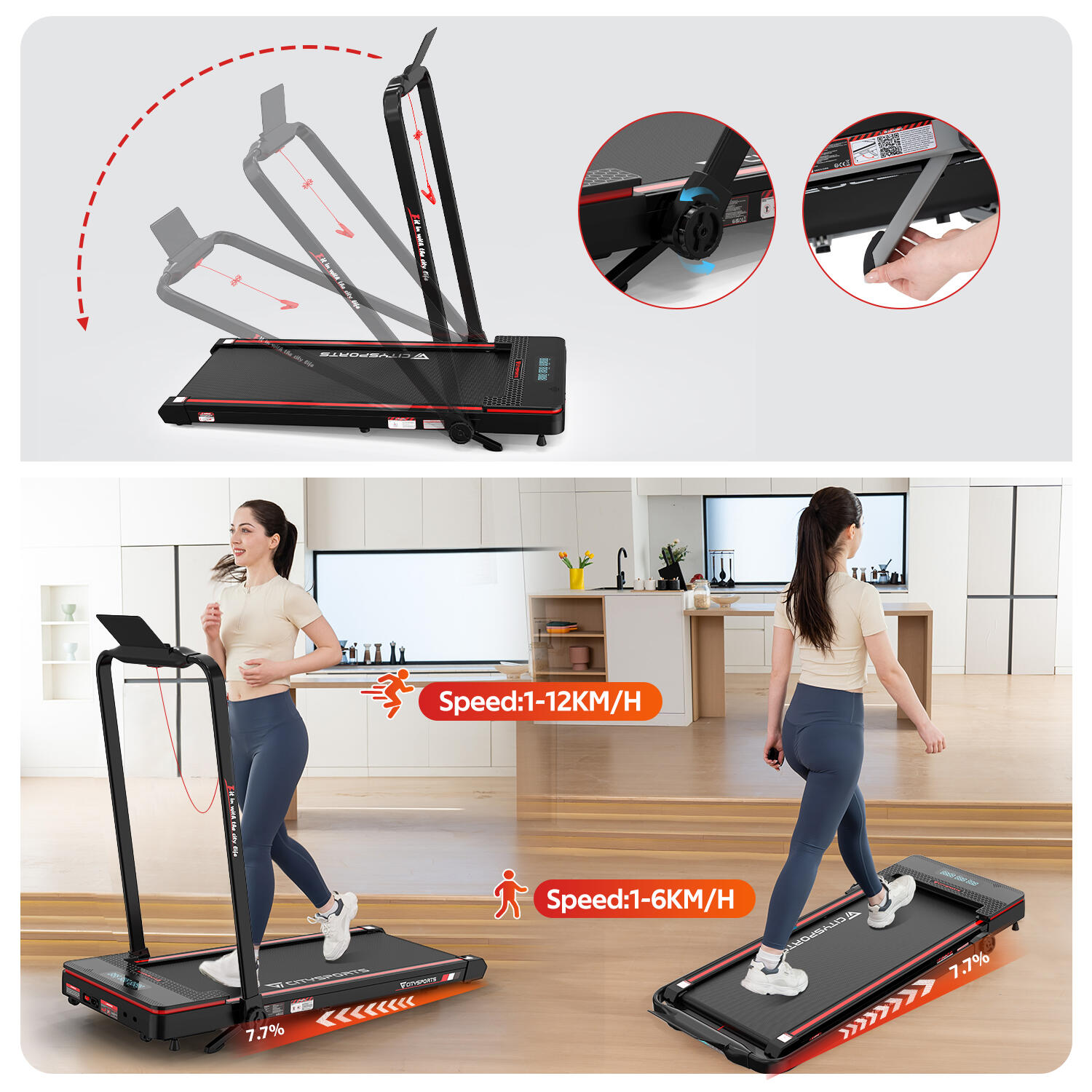 Cinta de Correr Plegable e Inclinable al 7,7%,1400W,WP3,1-12km/h.App.Bluetooth 5/7