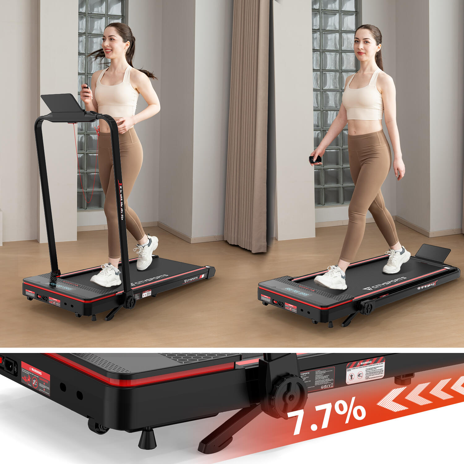Loopband en Kantelfunctie op 7,7%, 1400 W, WP3, 1-12 km/u. APP. Bluetooth 4/7