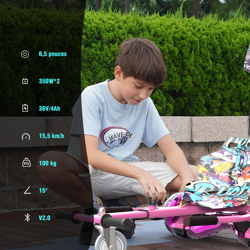 Hoverboard cu scaun, Bluetooth 6,5", iluminare LED, baterie 4Ah, pentru copii