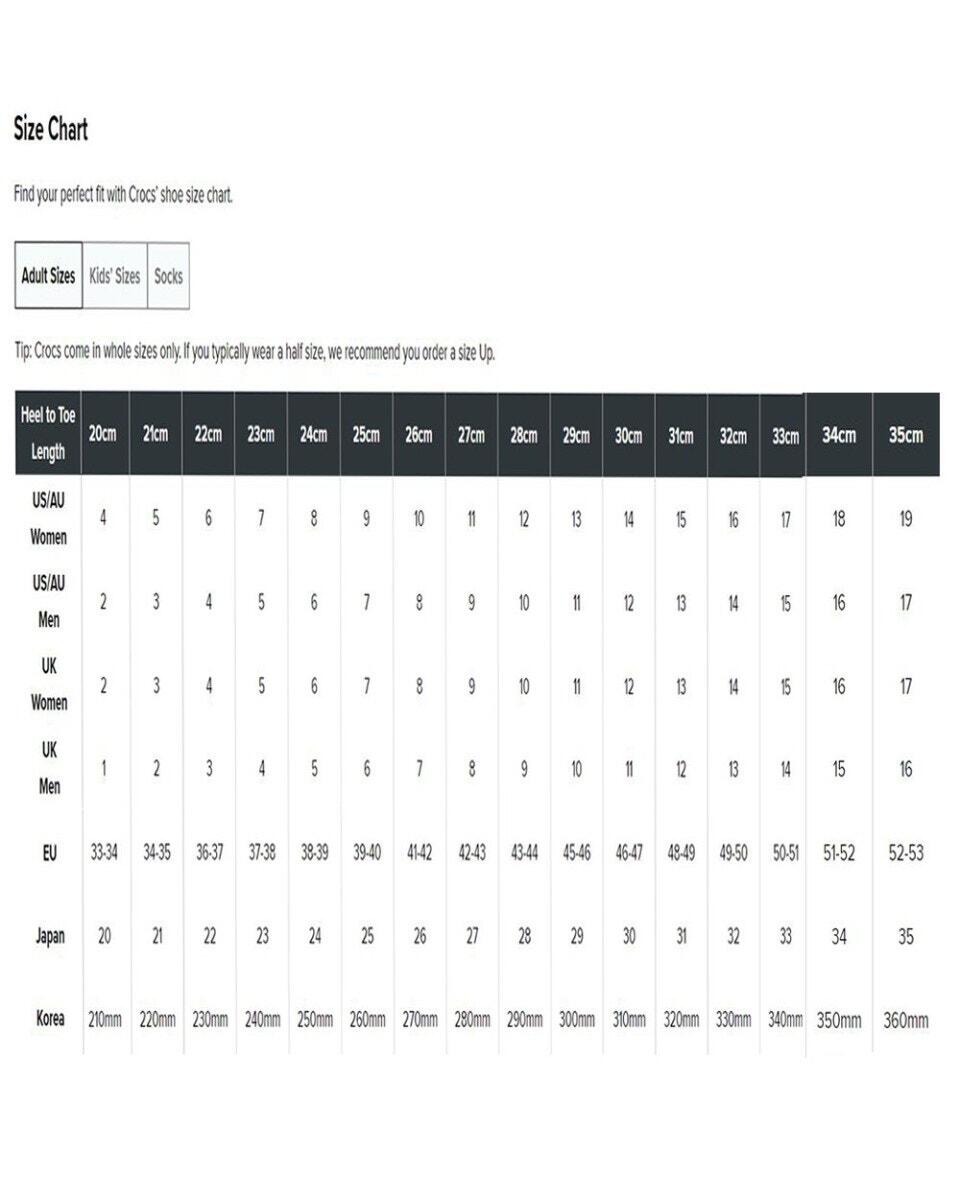 Shoe Size Chart Size Crocs Crocs Classic Roomy Fit Clog Sandals