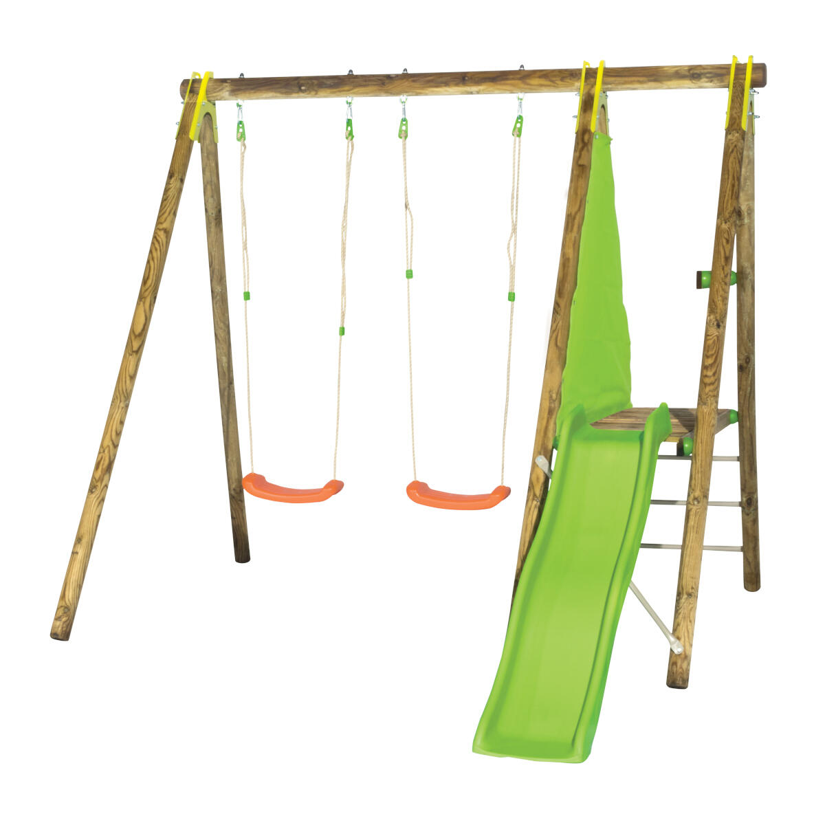 Trigano - Portique Bois Avec 2 Balançoires + 1 Plateforme Avec Toboggan - Balançoire - Beige|kaki - Taille Unique - Decathlon
