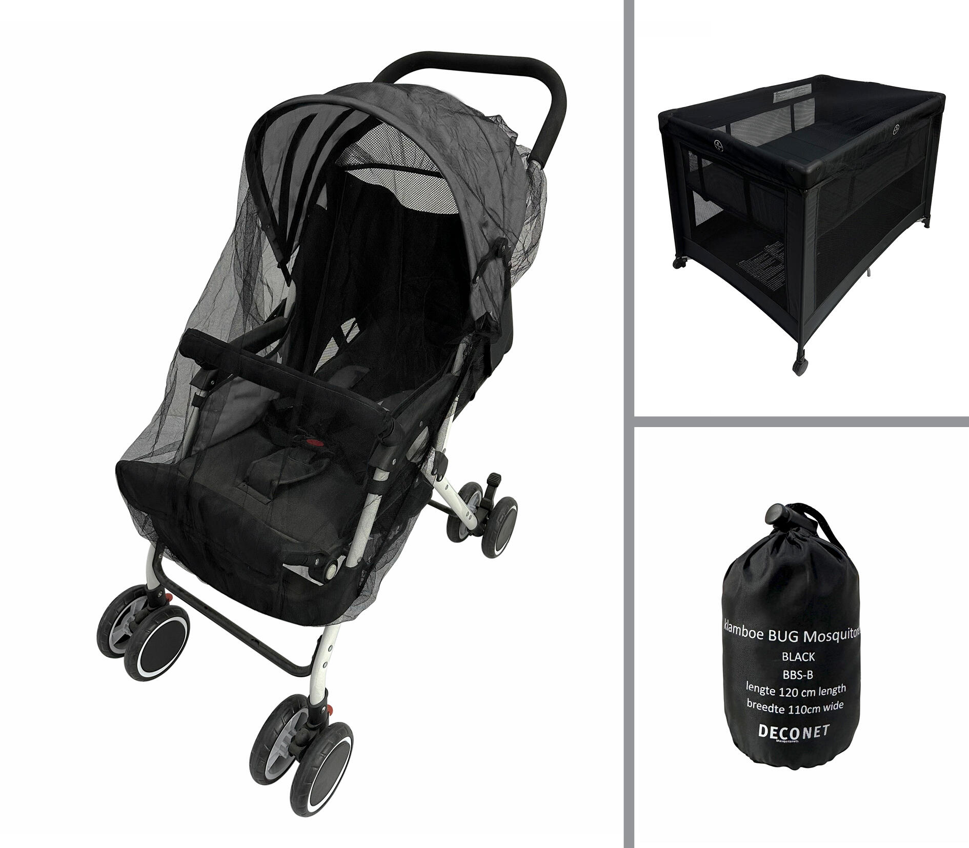 DECONET Klamboe Buggy, campingbedje en ledikantje zwart 110x 120cm