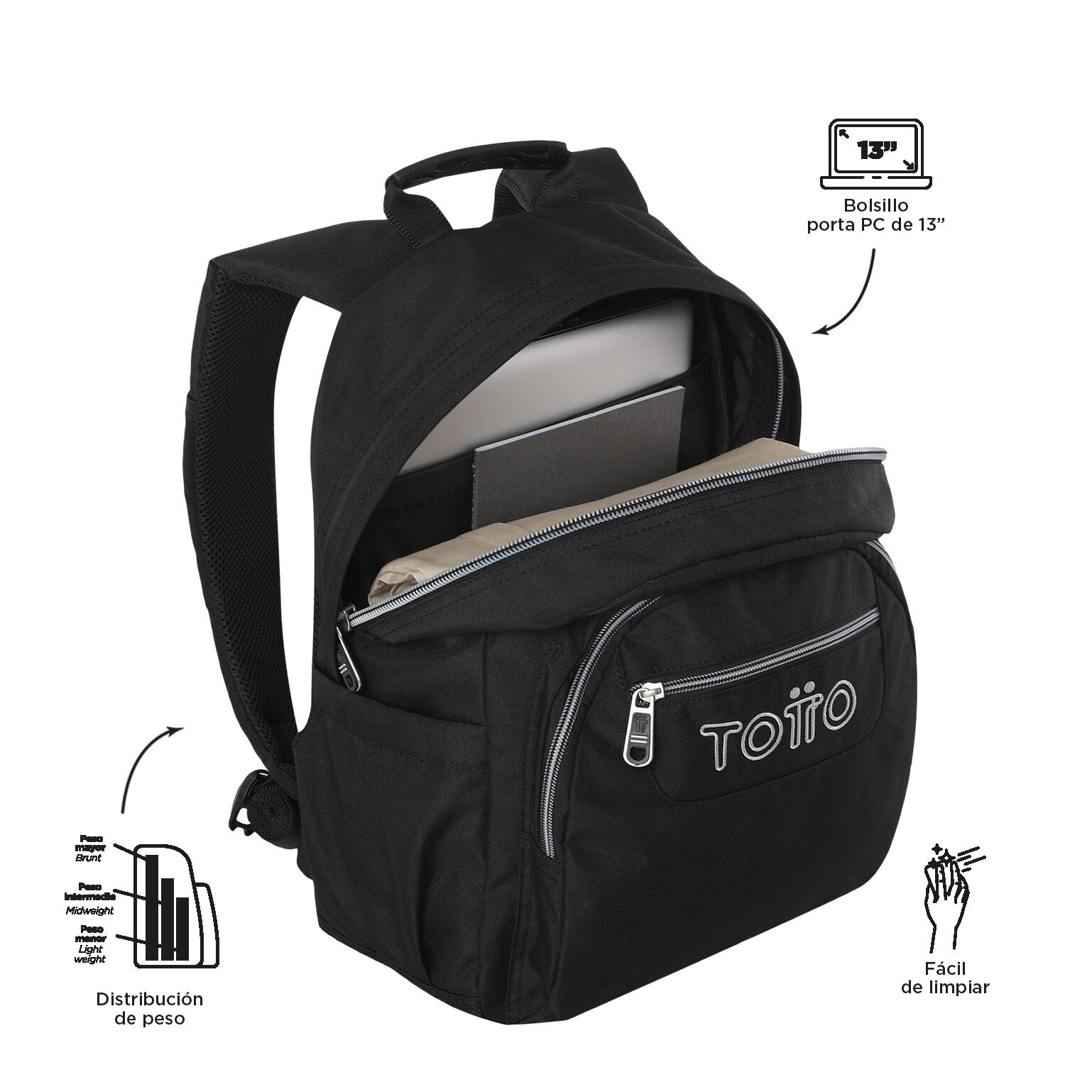 Totto Mochila escolar Gommas Negro Poliéster reciclado 29 x 39 x 14 cm 4/5