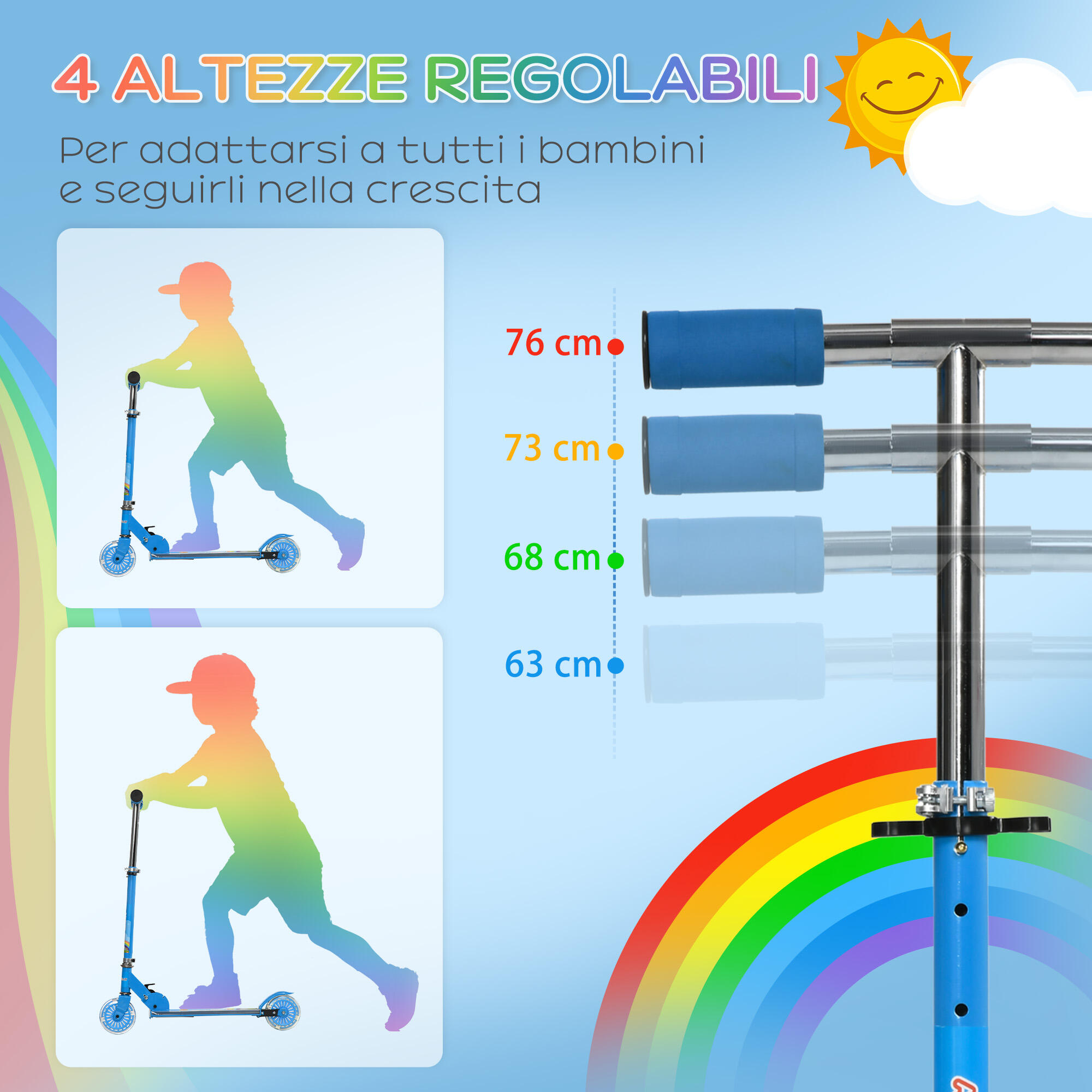HOMCOM Monopattino per Bambini 3-7 Anni Pieghevole a 2 Ruote Blu 5/7